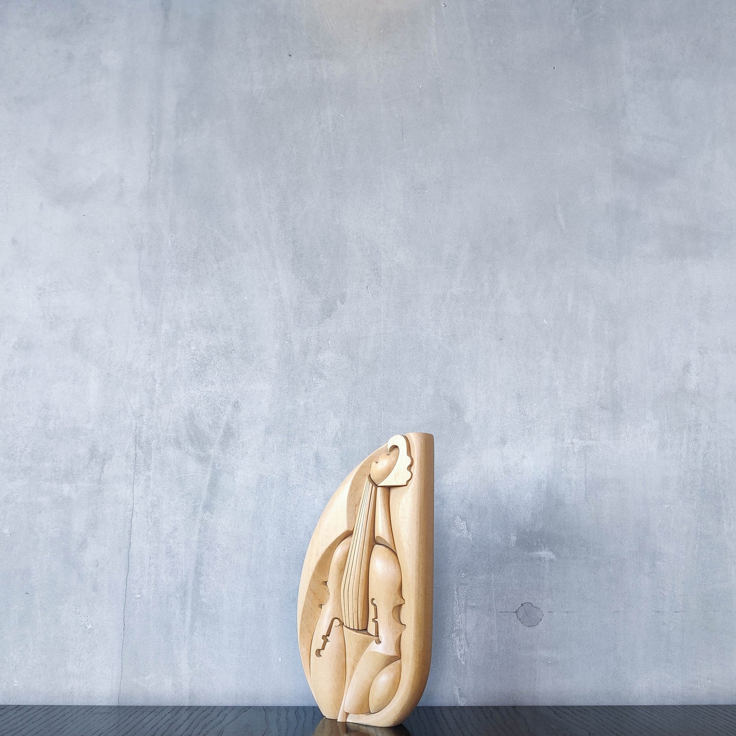 Vintage 00s cubist carved wood violin abstract artist sculpture by Roberto De Fortino