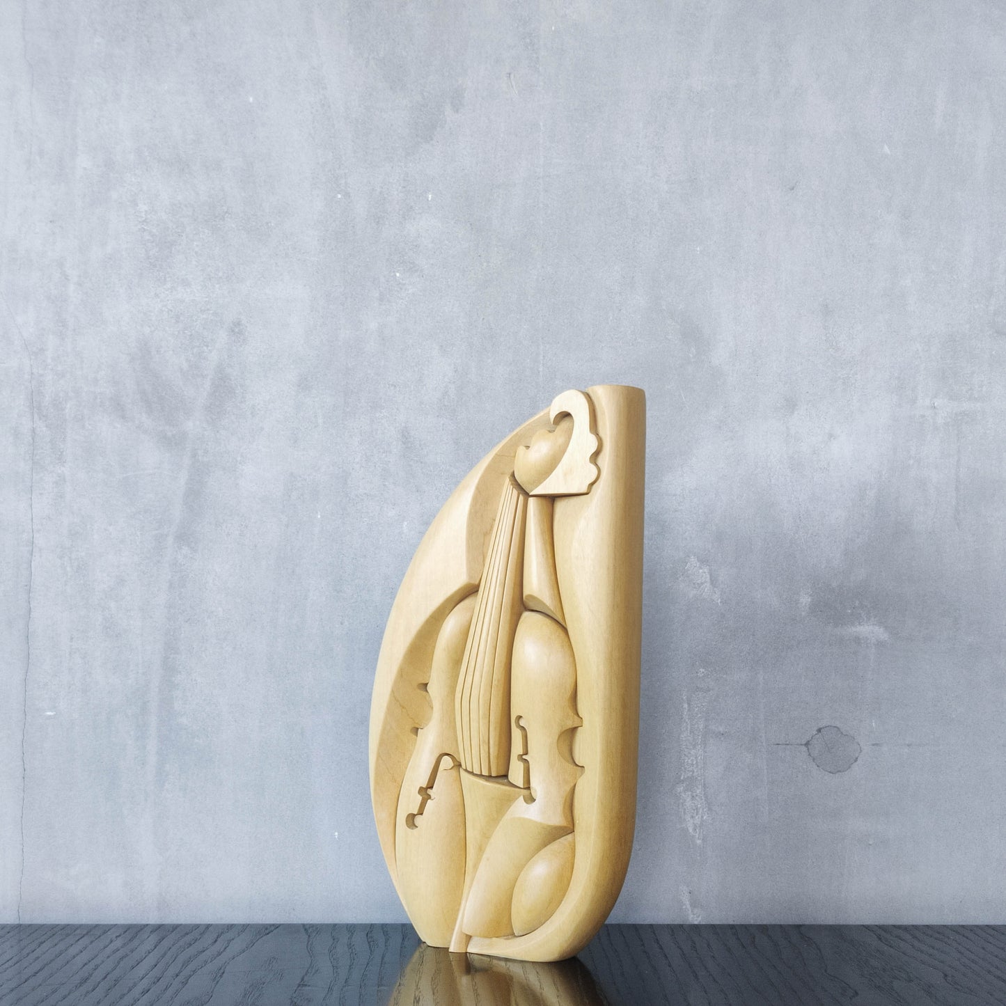 Vintage 00s cubist carved wood violin abstract artist sculpture by Roberto De Fortino