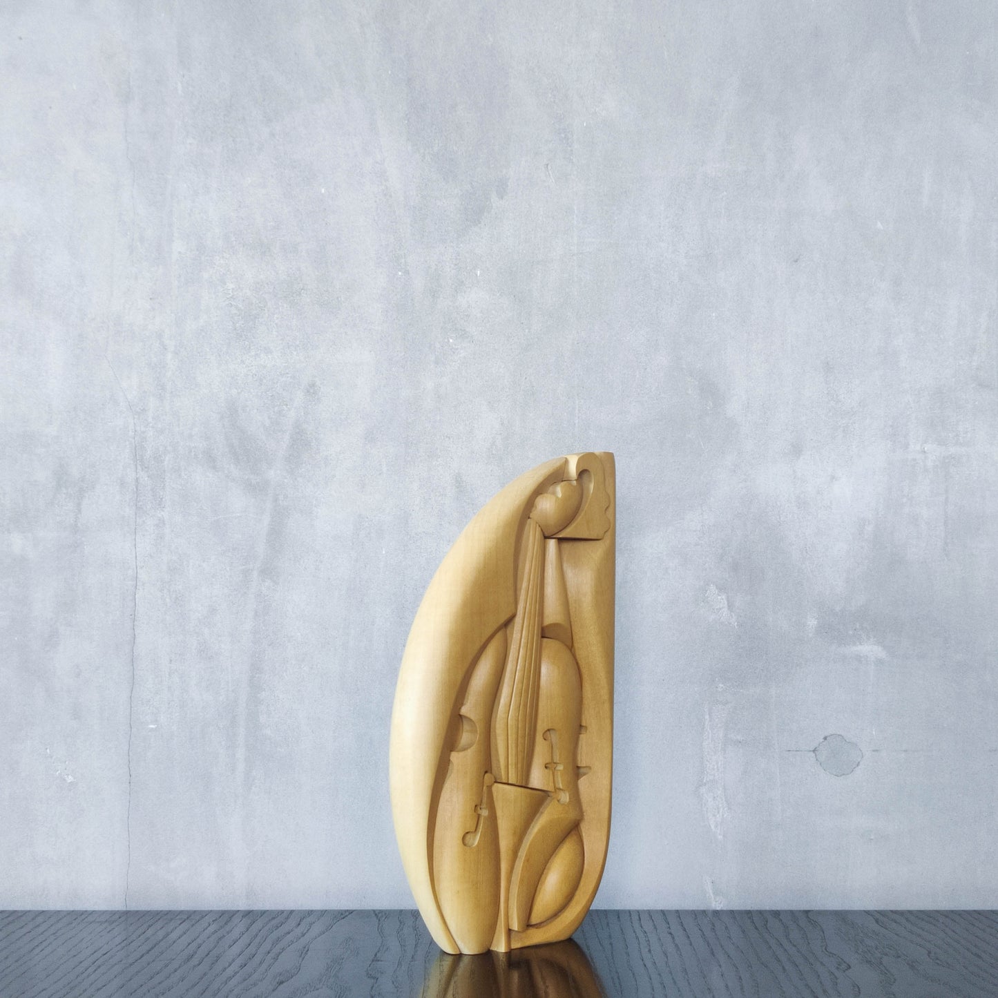 Vintage 00s cubist carved wood violin abstract artist sculpture by Roberto De Fortino