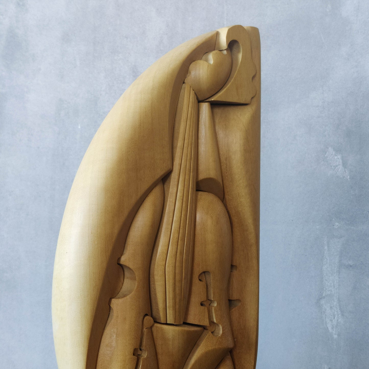 Vintage 00s cubist carved wood violin abstract artist sculpture by Roberto De Fortino