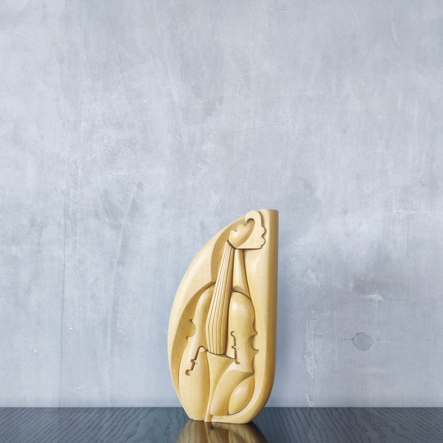 Vintage 00s cubist carved wood violin abstract artist sculpture by Roberto De Fortino