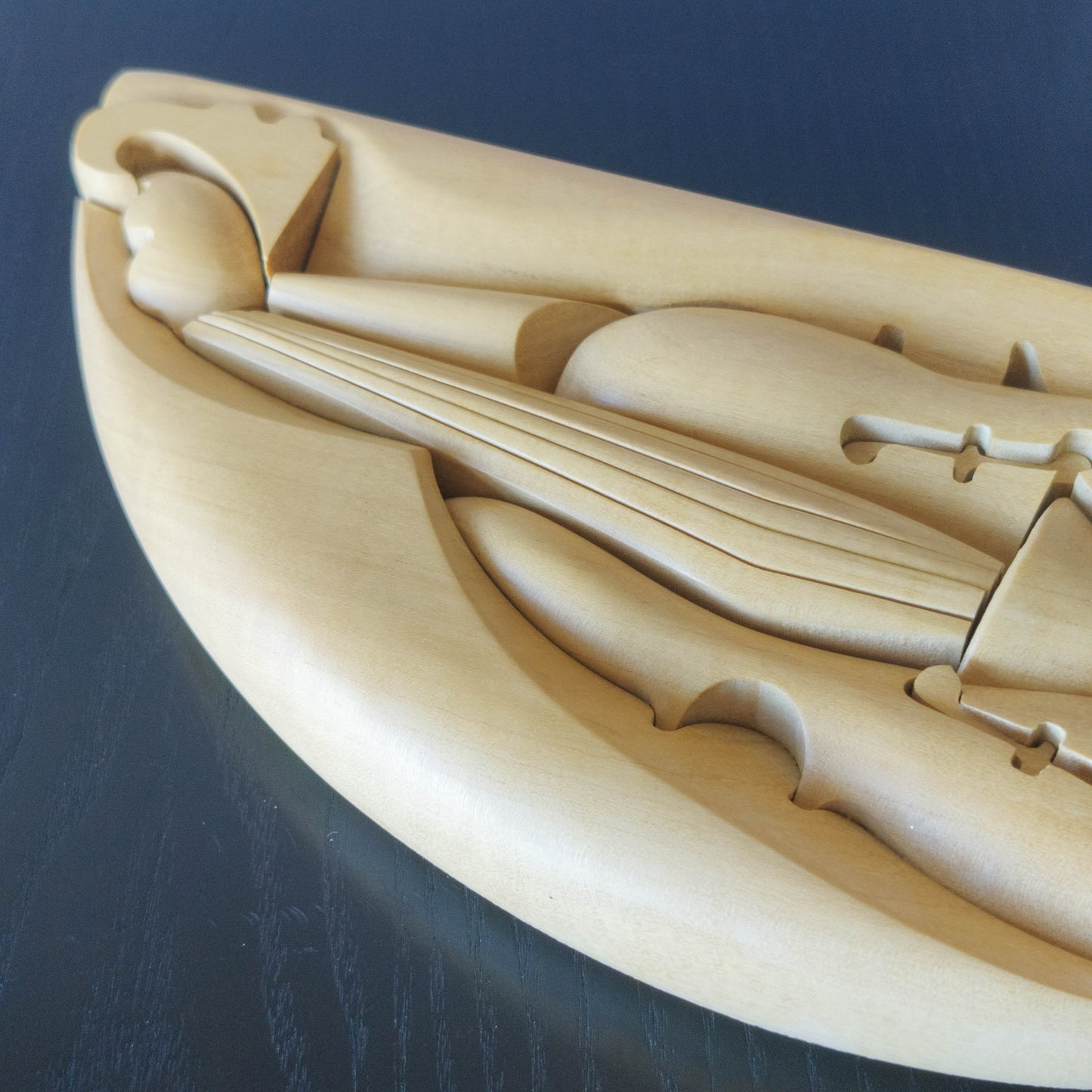 Vintage 00s cubist carved wood violin abstract artist sculpture by Roberto De Fortino