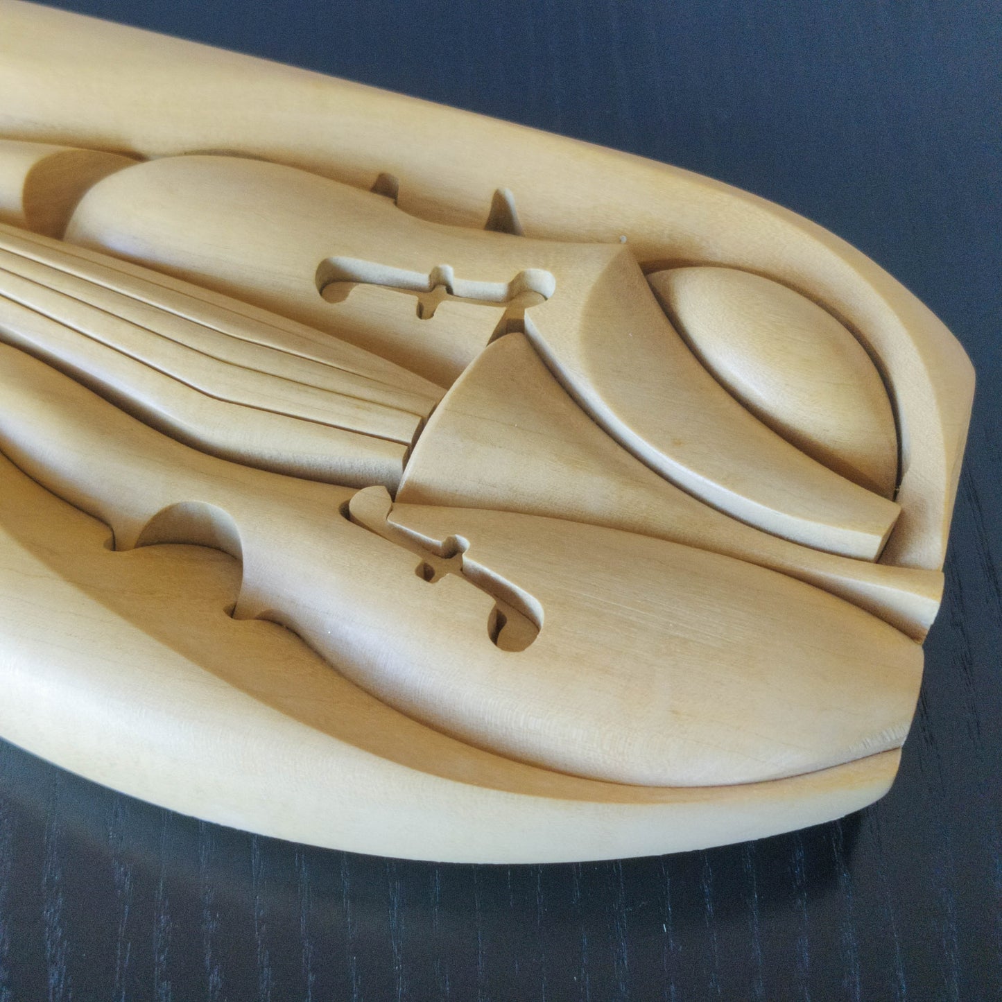 Vintage 00s cubist carved wood violin abstract artist sculpture by Roberto De Fortino