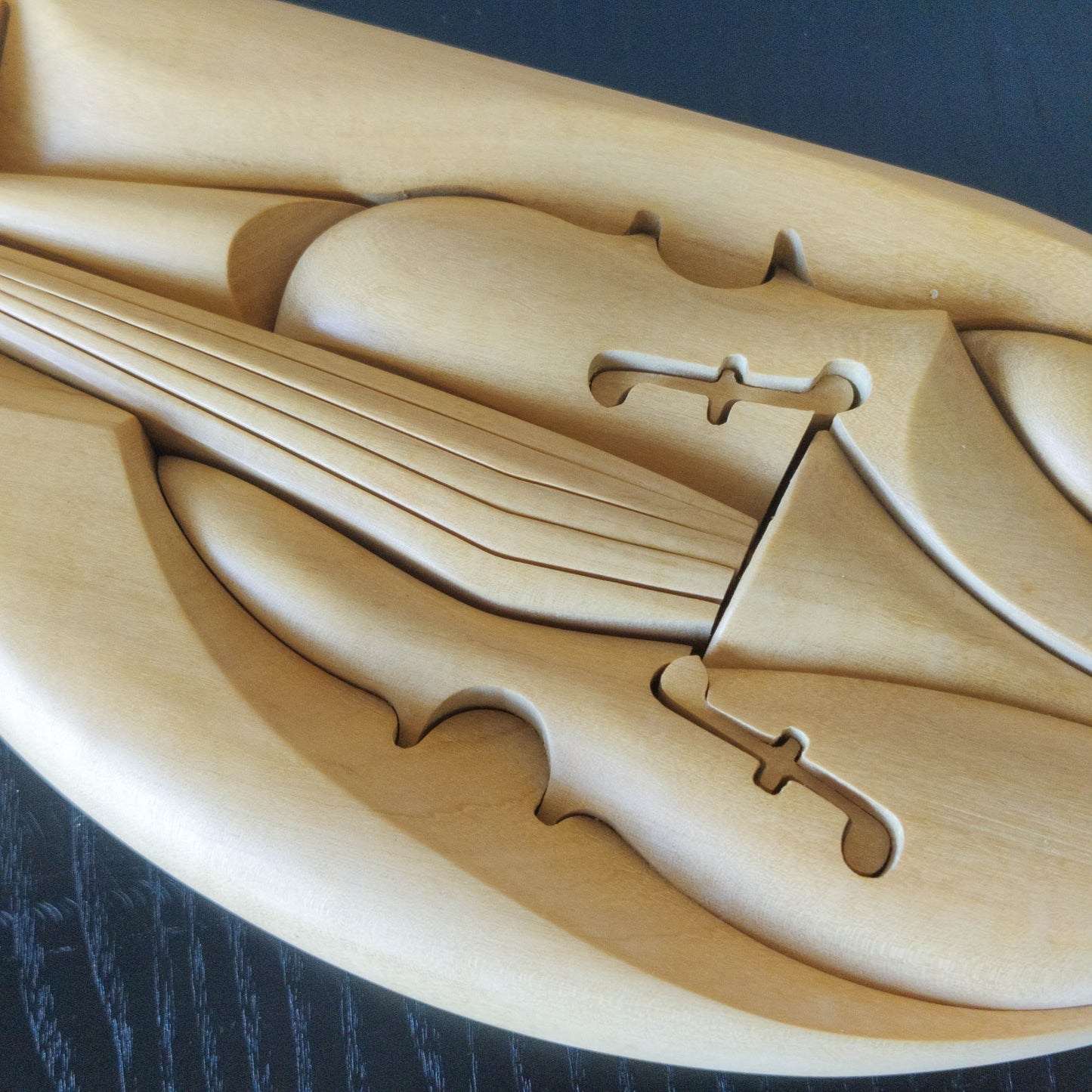 Vintage 00s cubist carved wood violin abstract artist sculpture by Roberto De Fortino