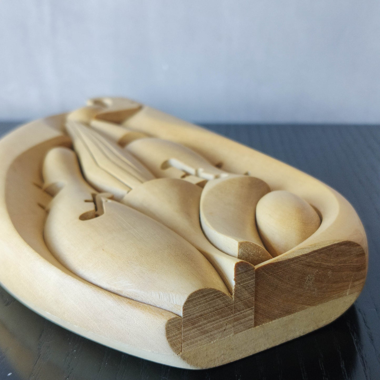 Vintage 00s cubist carved wood violin abstract artist sculpture by Roberto De Fortino