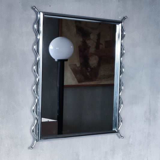 Vintage 1990s postmodern style chrome silver metal mirror with wavy edges