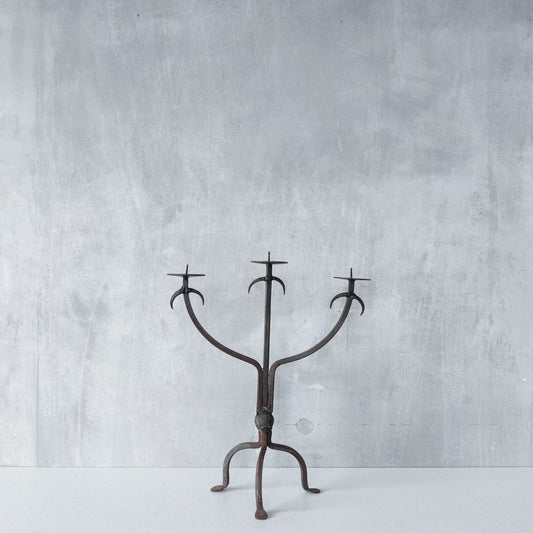 Vintage primitive style wrought iron welded 3 arm candelabra