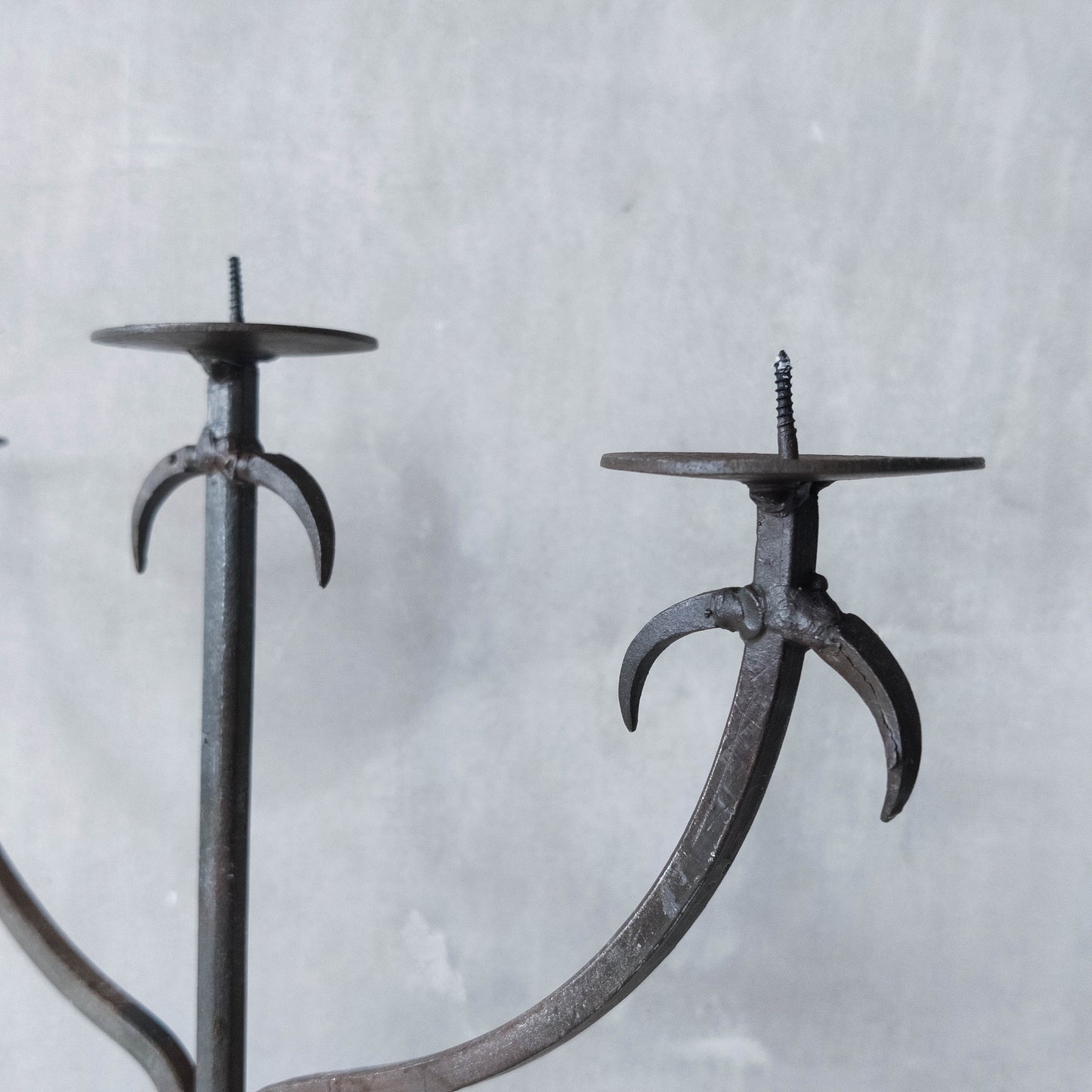 Vintage primitive style wrought iron welded 3 arm candelabra