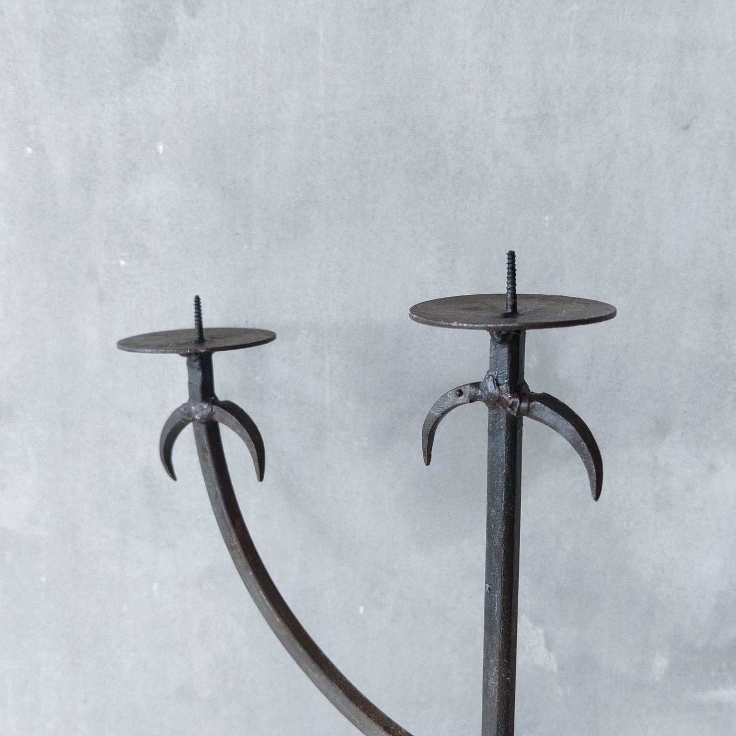 Vintage primitive style wrought iron welded 3 arm candelabra