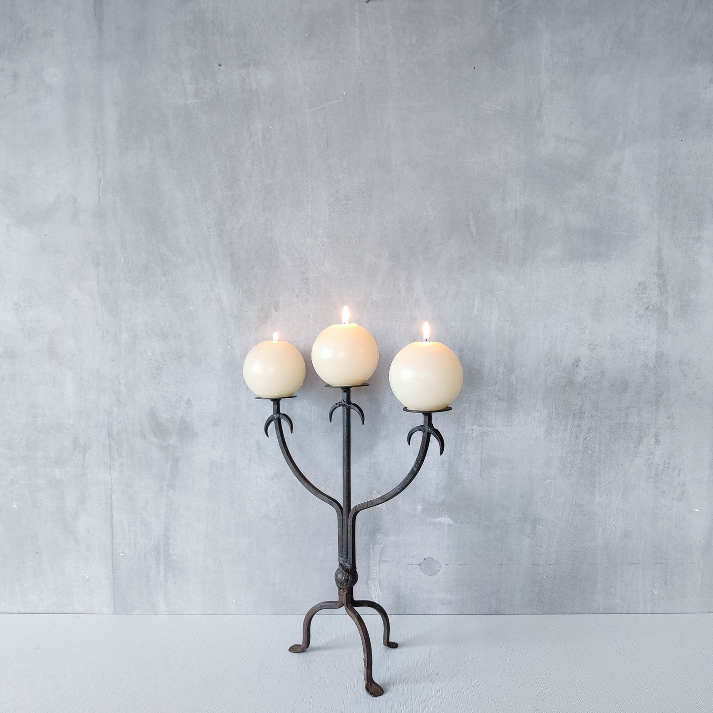 Vintage primitive style wrought iron welded 3 arm candelabra