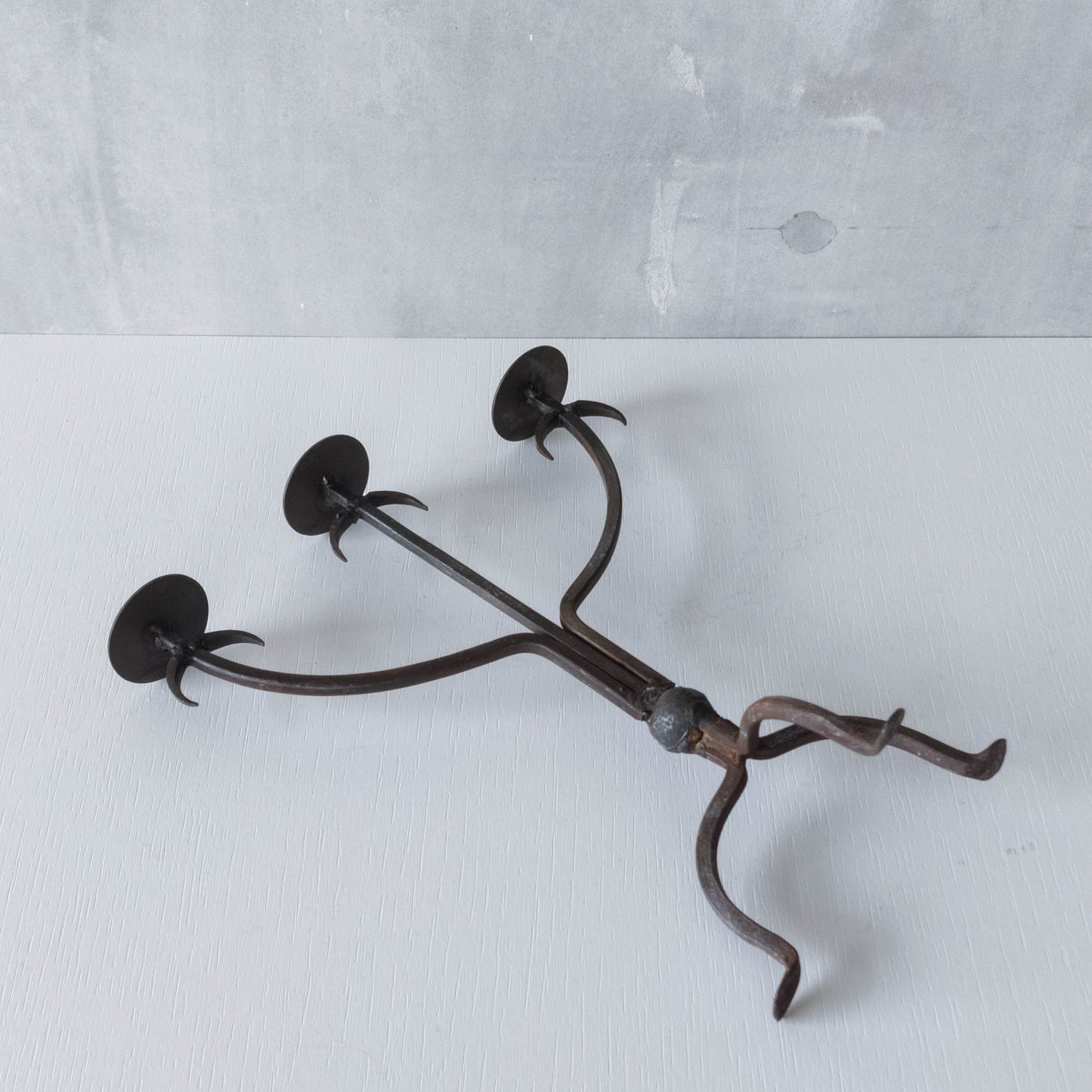 Vintage primitive style wrought iron welded 3 arm candelabra
