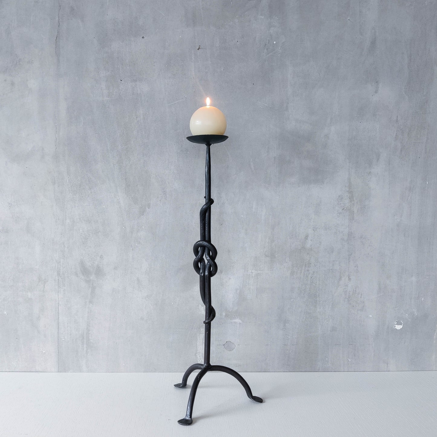 Vintage French large brutalist style wrought iron knotted candle holder