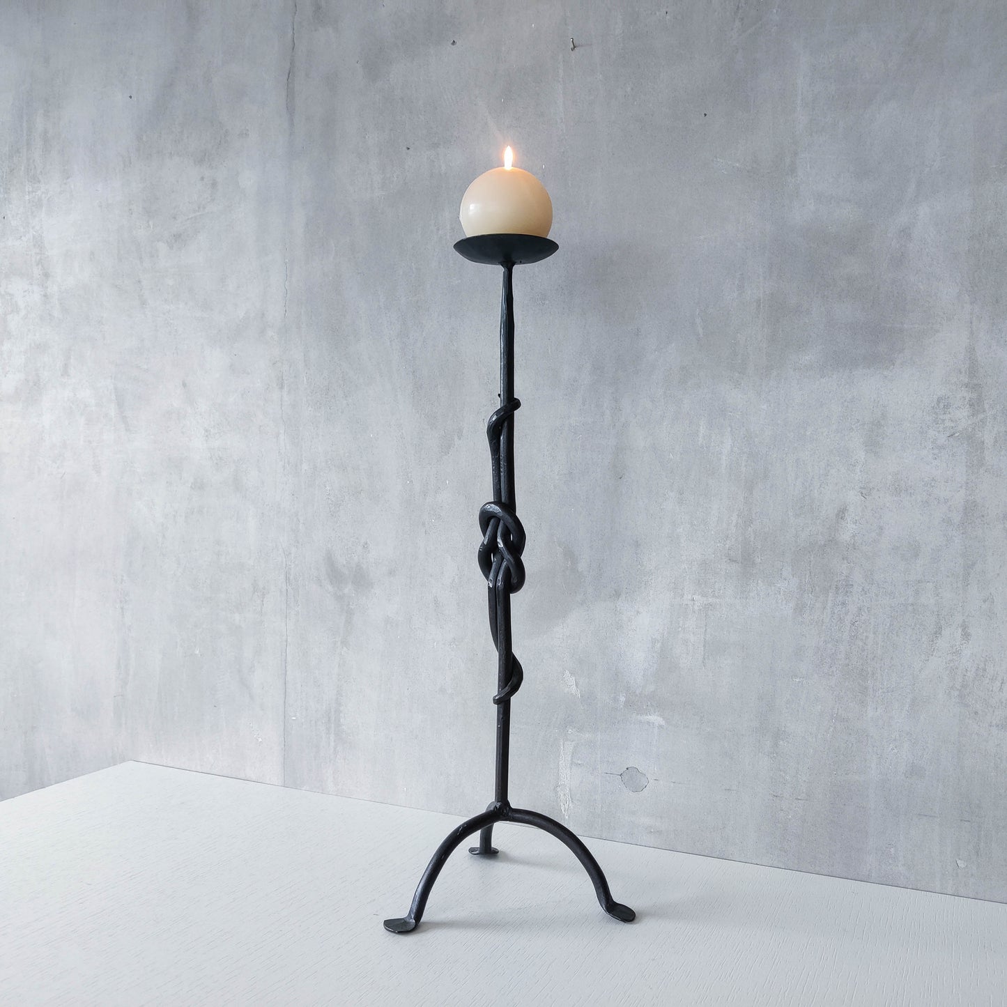 Vintage French large brutalist style wrought iron knotted candle holder