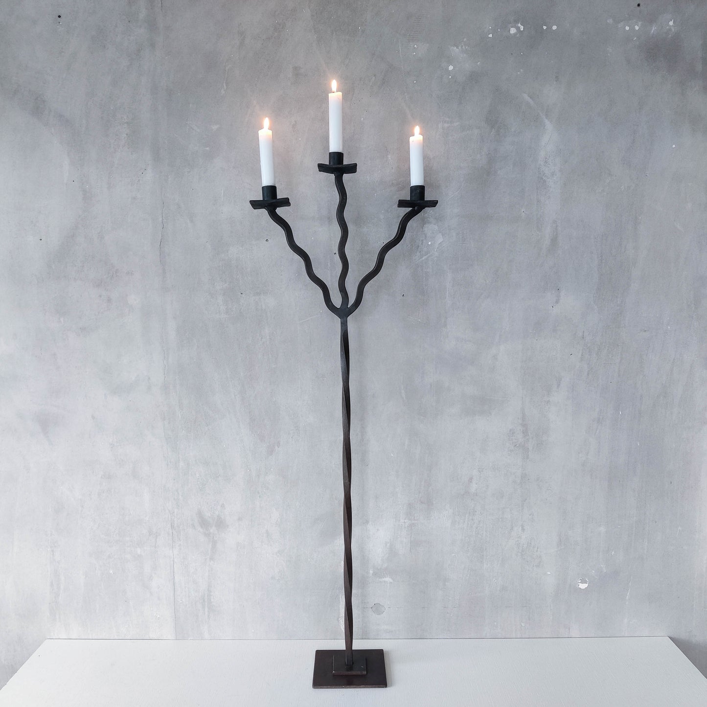 Vintage 1980s large artisan wrought iron metal wavy twisted sculptural candelabra