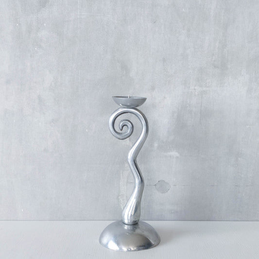 Vintage 1980s cast aluminium chunky spiral sculptural candle holder with pricket top