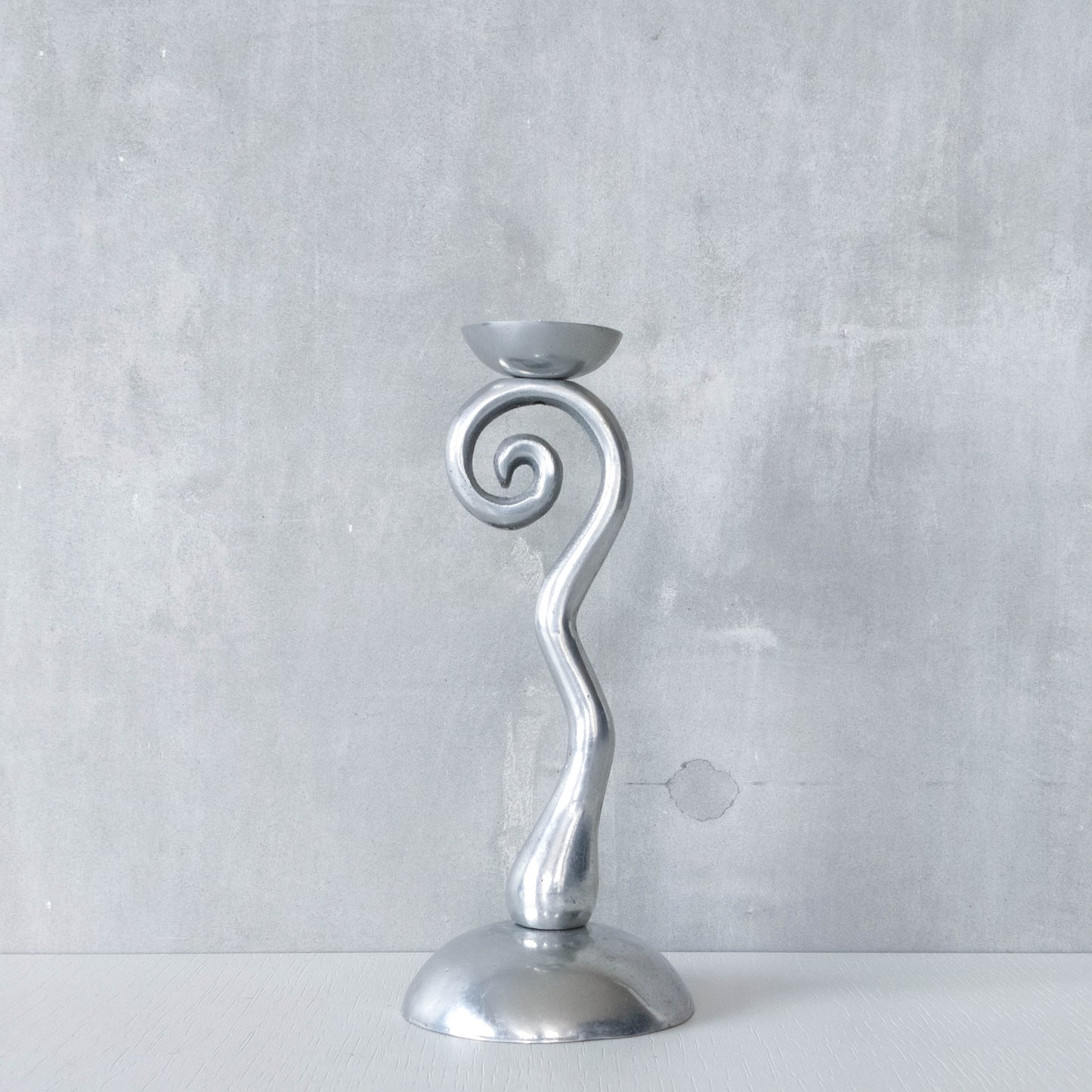 Vintage 1980s cast aluminium chunky spiral sculptural candle holder with pricket top