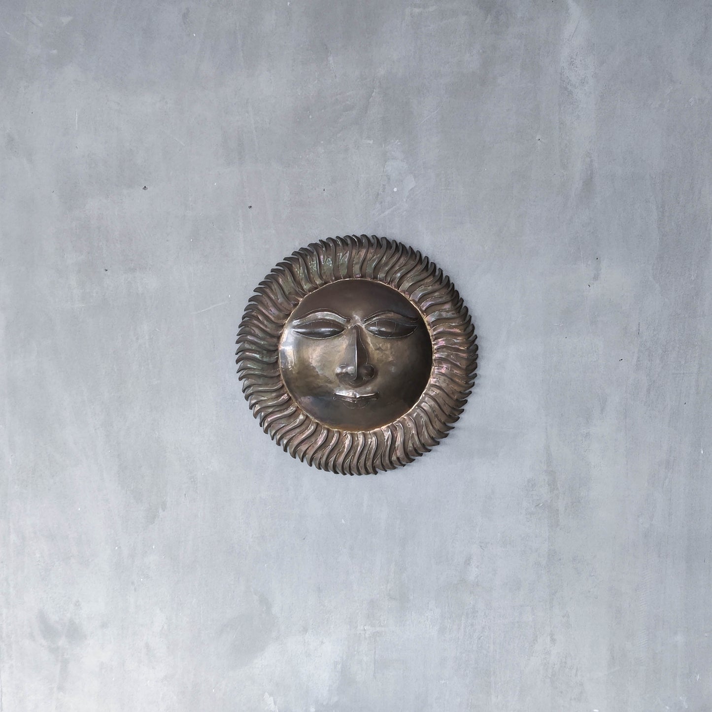 Vintage 1970s sun face sunburst brass wall plaque relief repousee inscribed