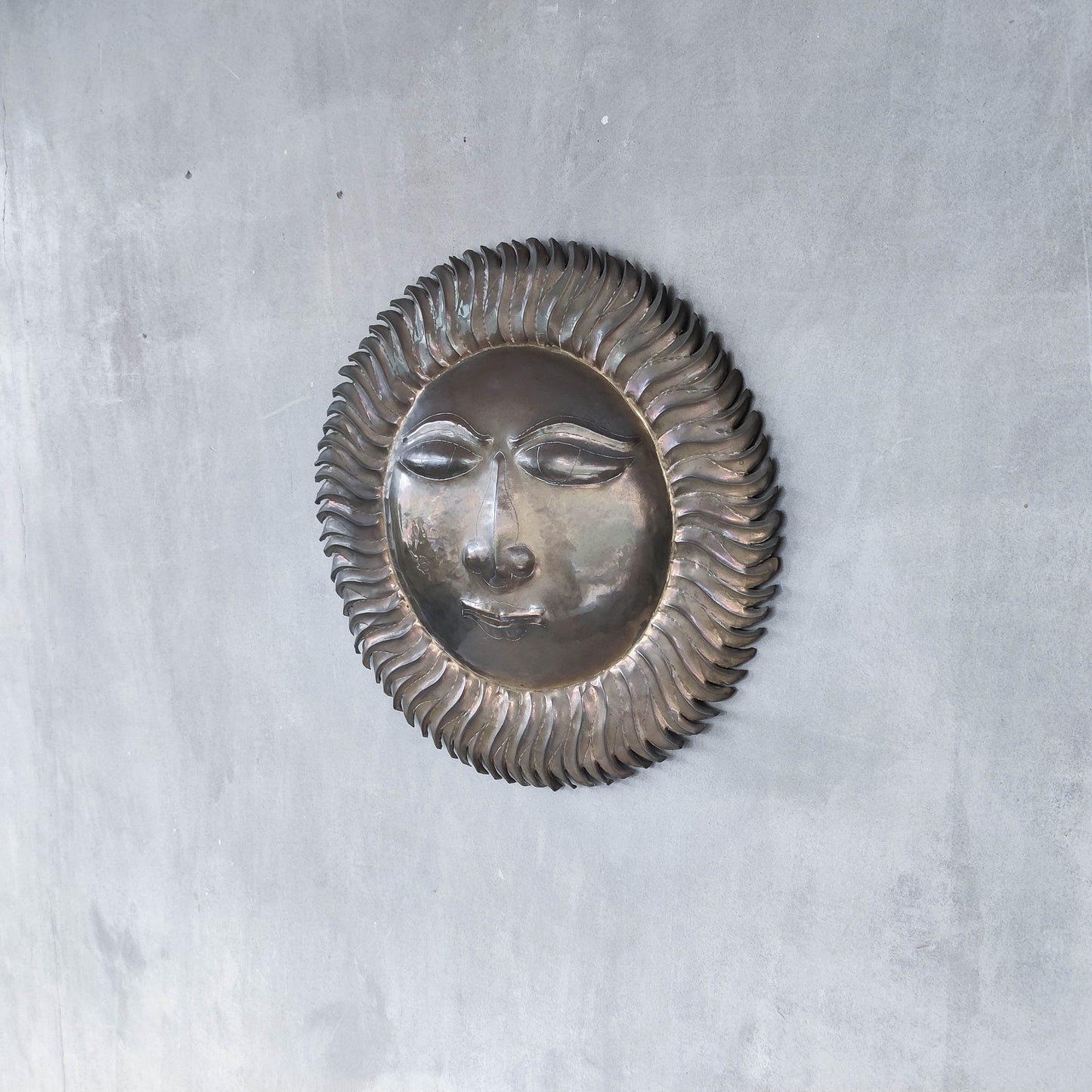 Vintage 1970s sun face sunburst brass wall plaque relief repousee inscribed