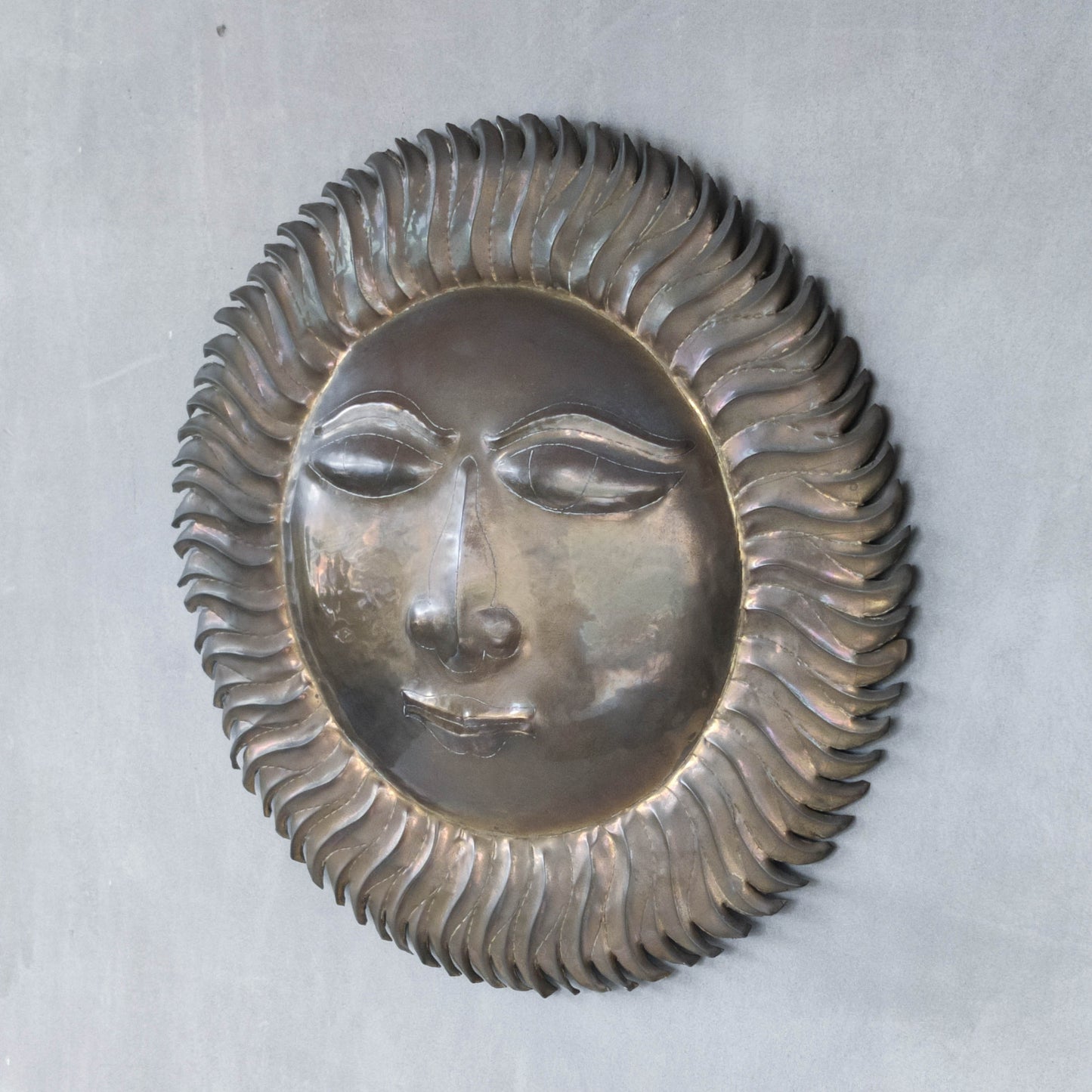 Vintage 1970s sun face sunburst brass wall plaque relief repousee inscribed