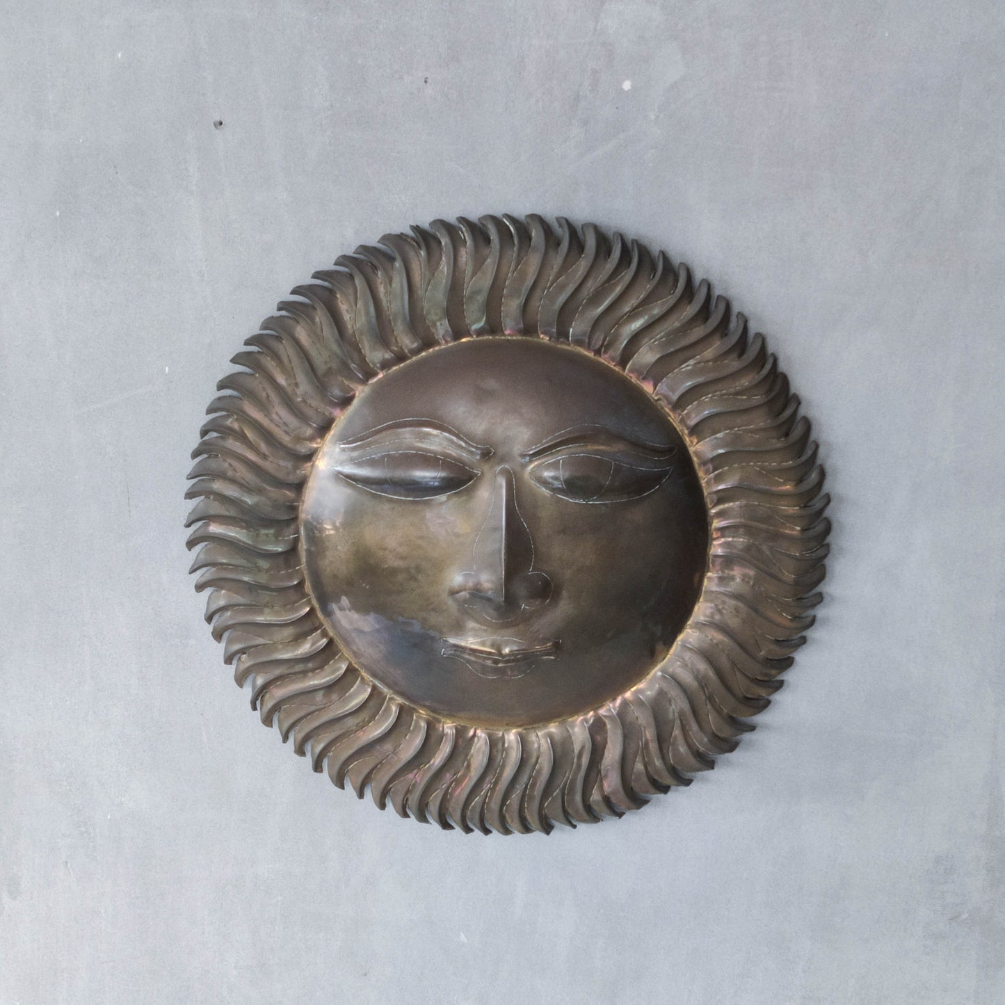 Vintage 1970s sun face sunburst brass wall plaque relief repousee inscribed