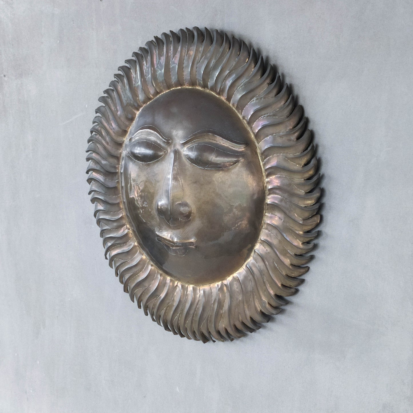 Vintage 1970s sun face sunburst brass wall plaque relief repousee inscribed