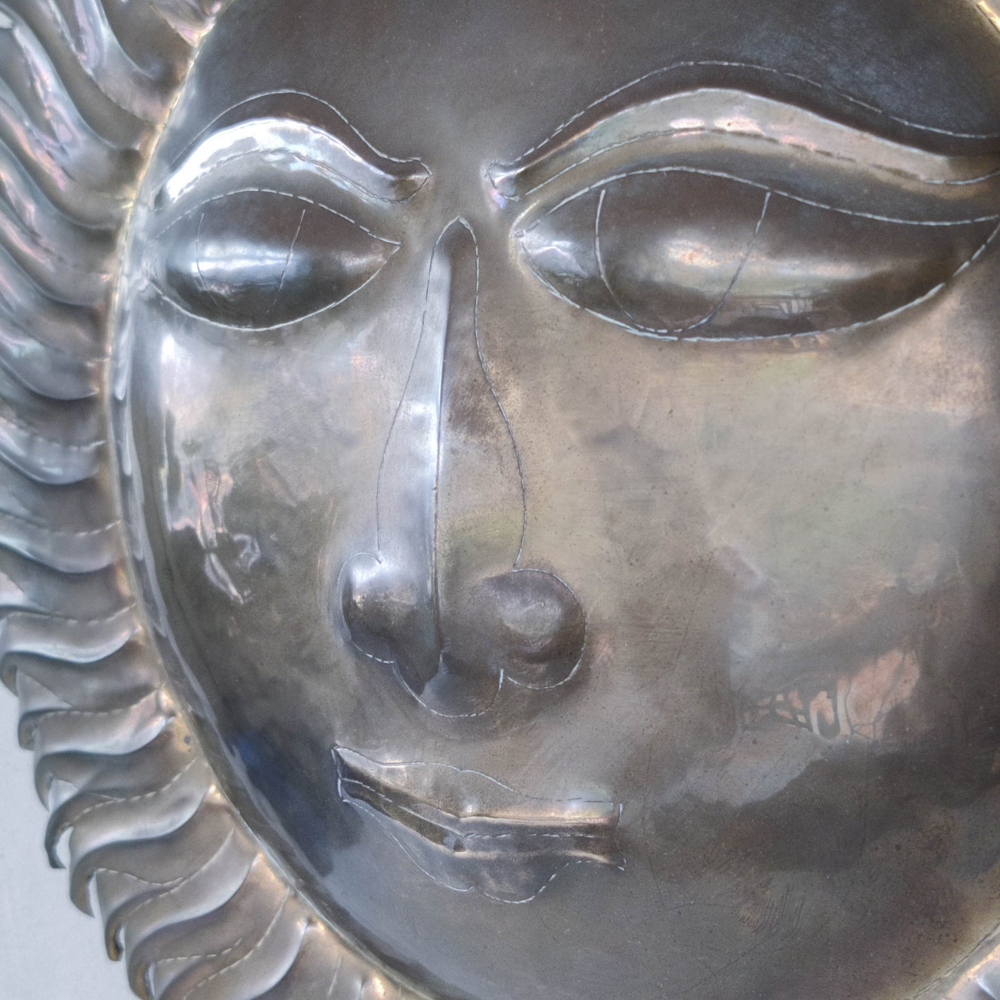 Vintage 1970s sun face sunburst brass wall plaque relief repousee inscribed