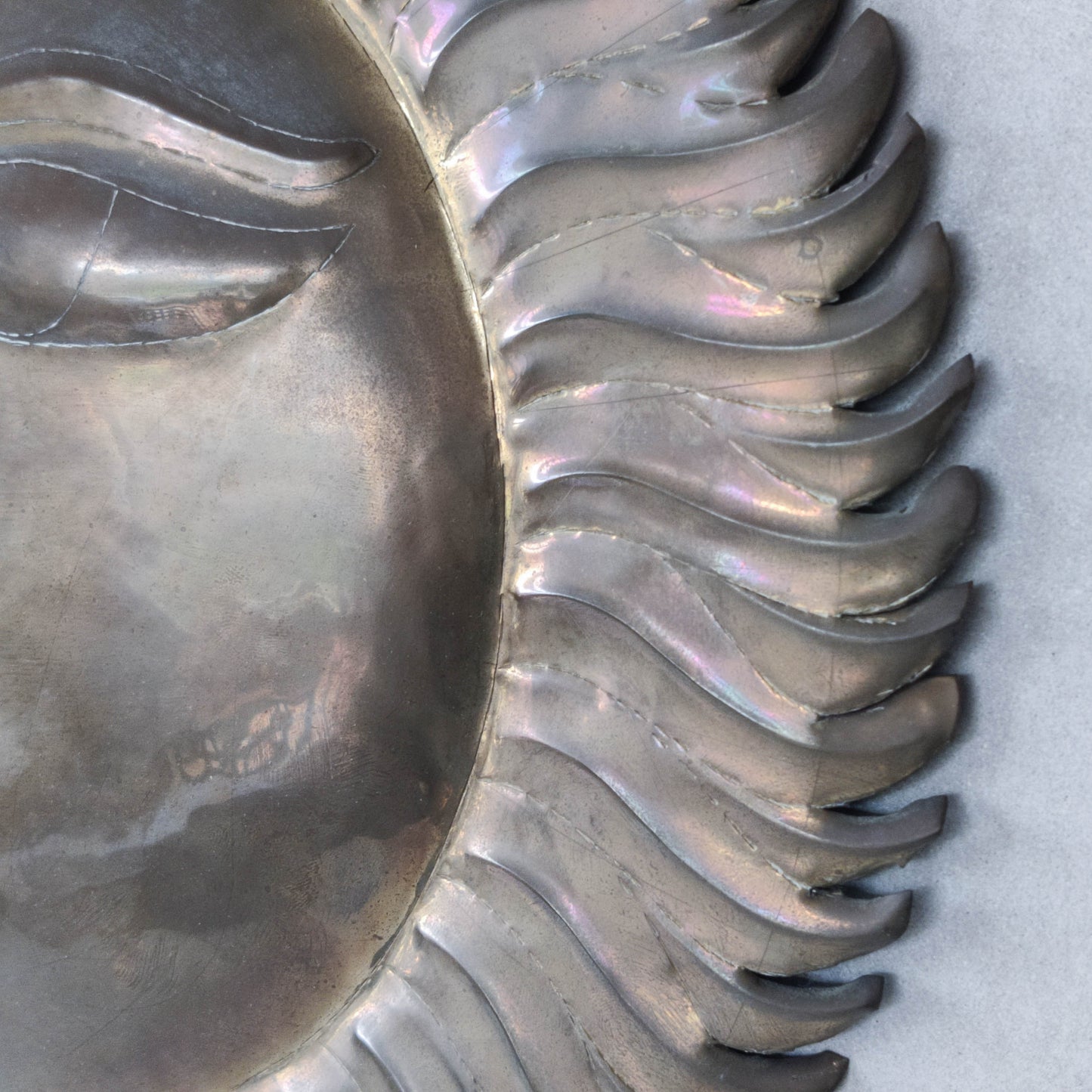 Vintage 1970s sun face sunburst brass wall plaque relief repousee inscribed