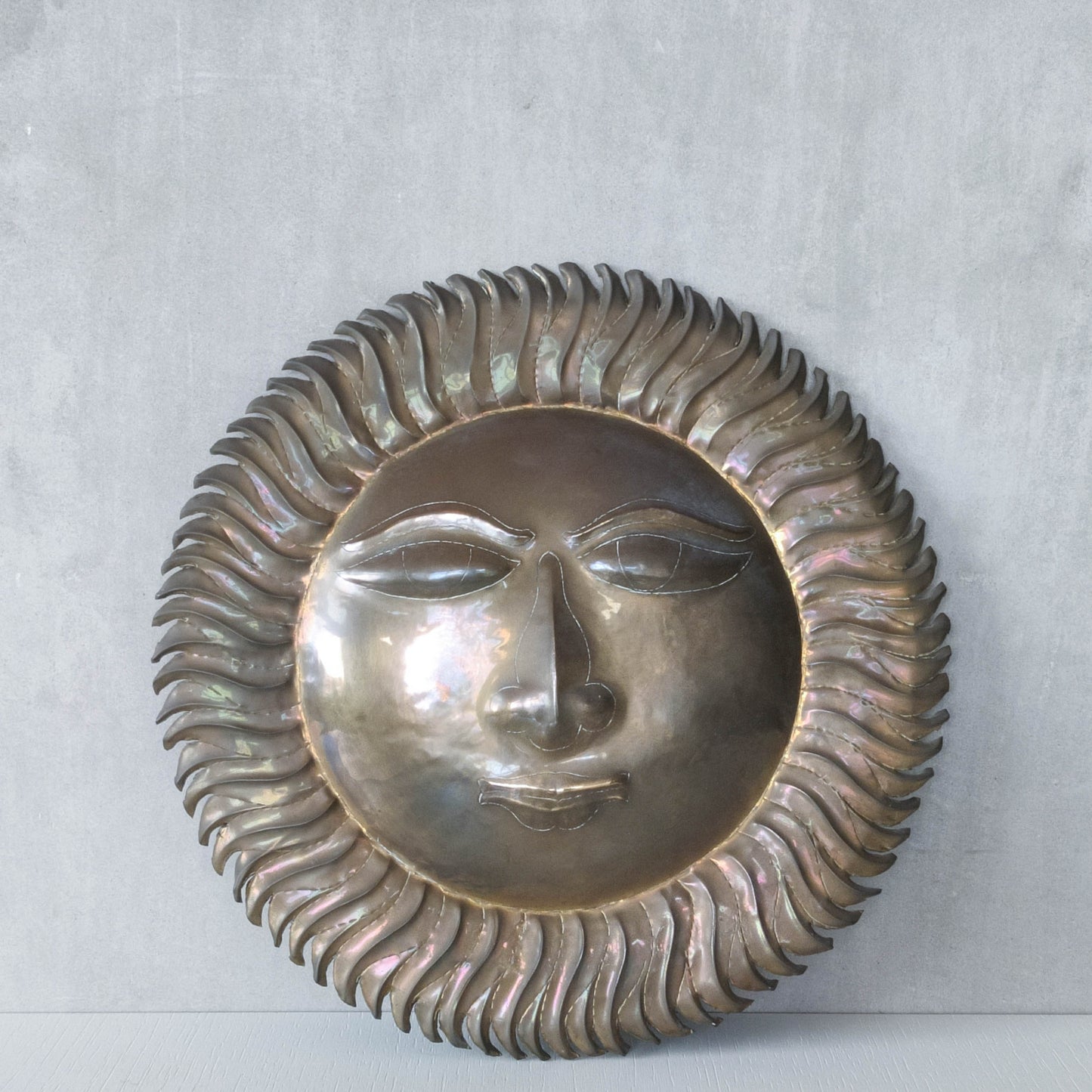 Vintage 1970s sun face sunburst brass wall plaque relief repousee inscribed