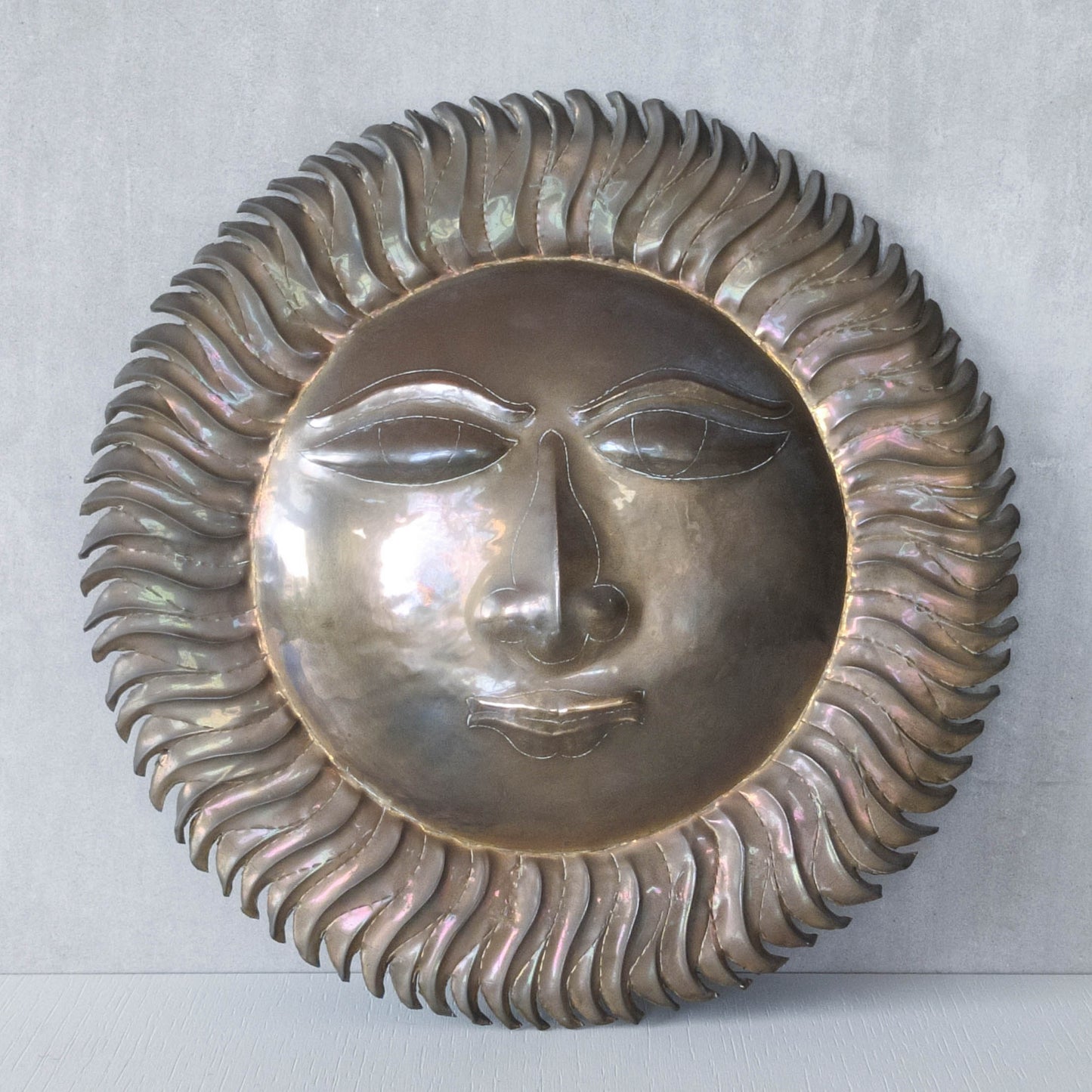 Vintage 1970s sun face sunburst brass wall plaque relief repousee inscribed