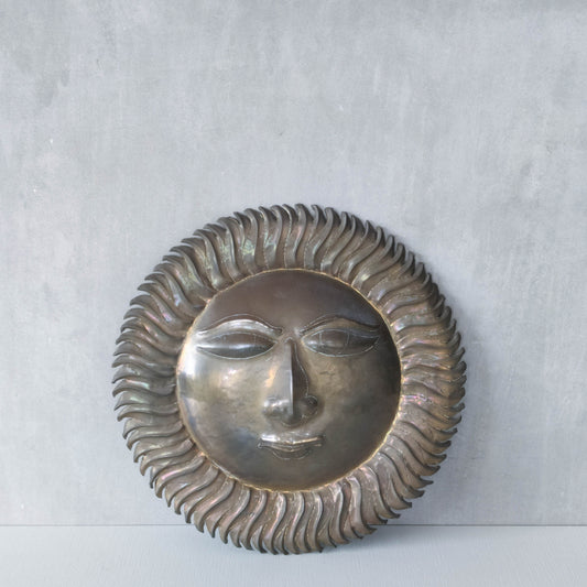 Vintage 1970s sun face sunburst brass wall plaque relief repousee inscribed