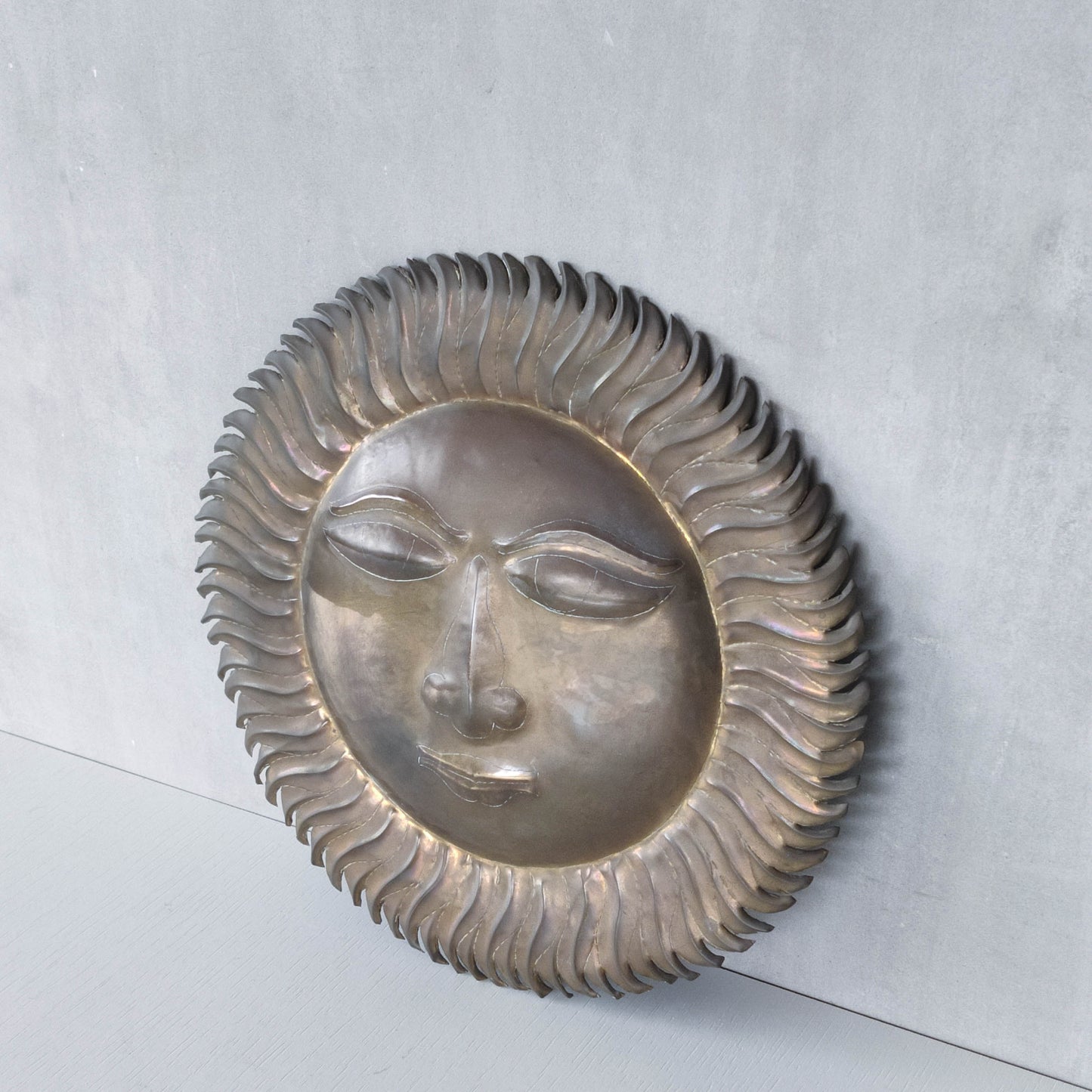 Vintage 1970s sun face sunburst brass wall plaque relief repousee inscribed