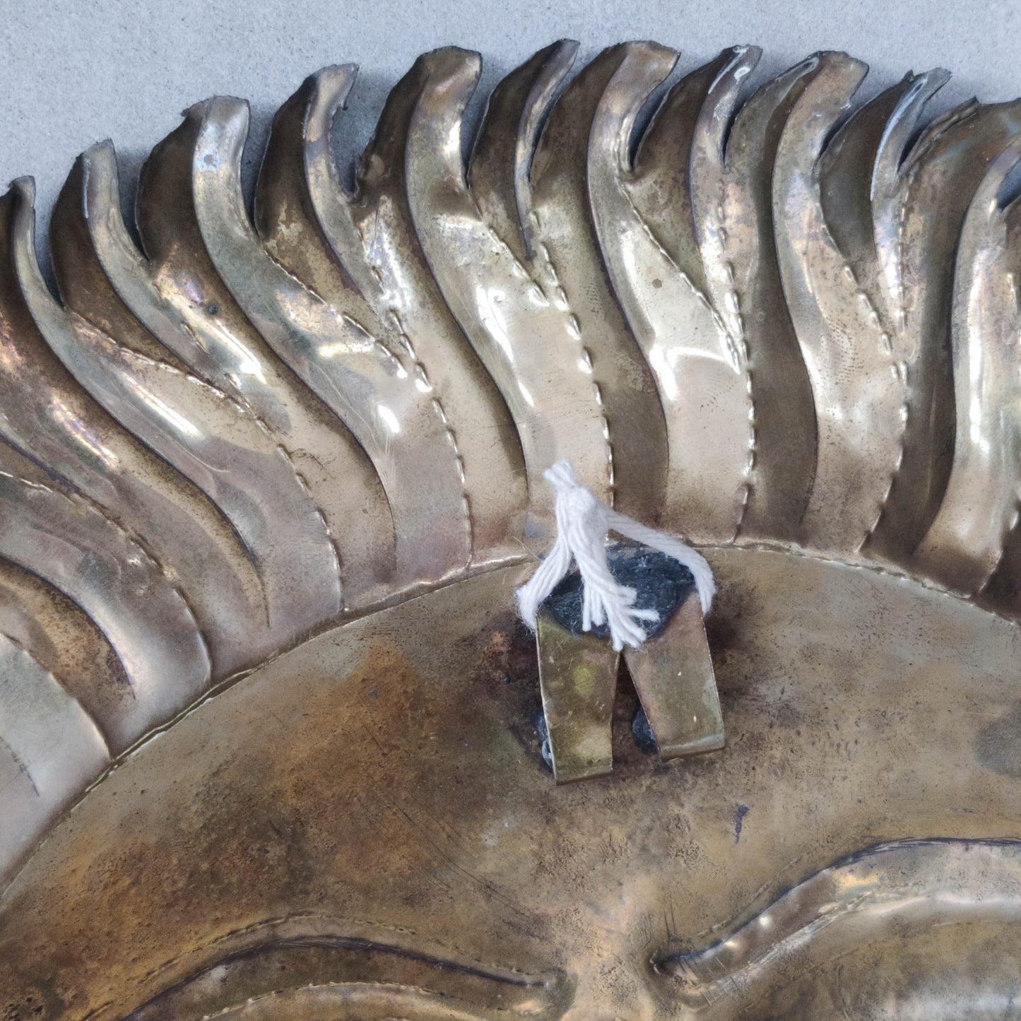 Vintage 1970s sun face sunburst brass wall plaque relief repousee inscribed