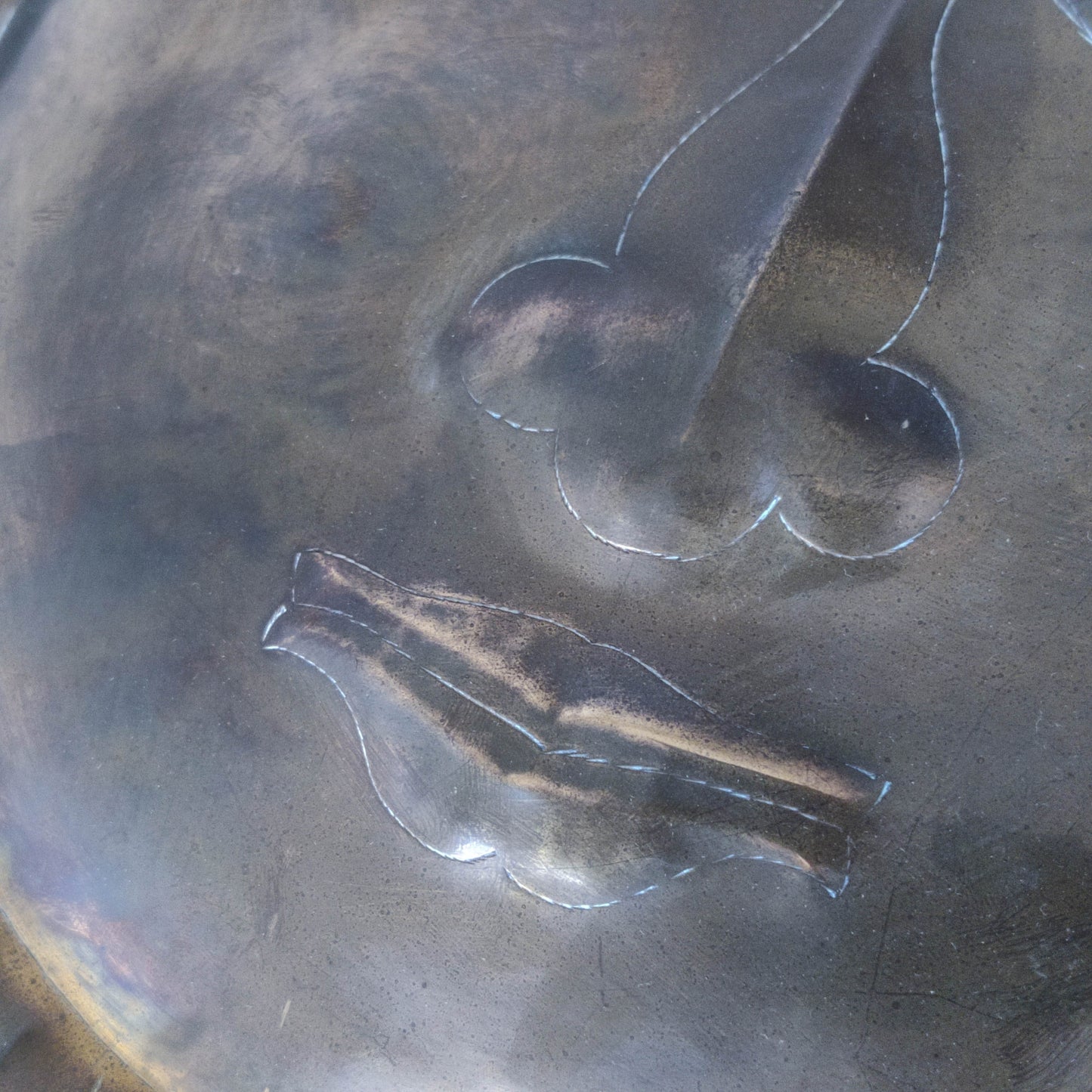 Vintage 1970s sun face sunburst brass wall plaque relief repousee inscribed