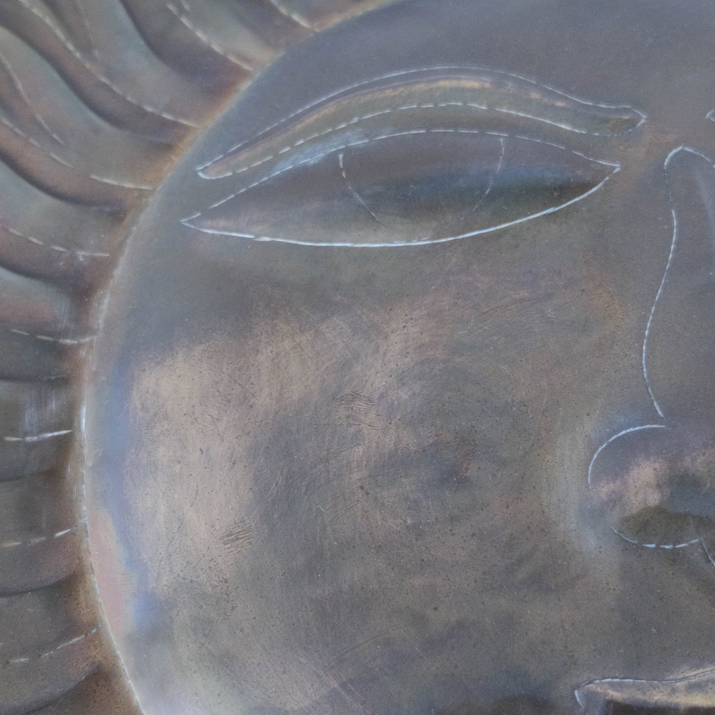 Vintage 1970s sun face sunburst brass wall plaque relief repousee inscribed