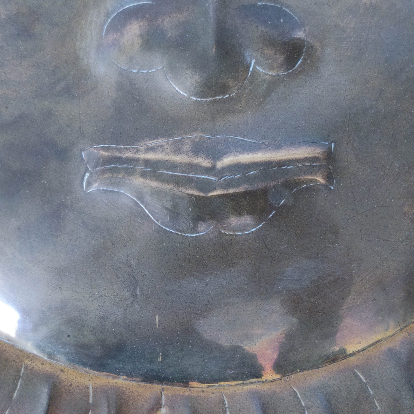 Vintage 1970s sun face sunburst brass wall plaque relief repousee inscribed