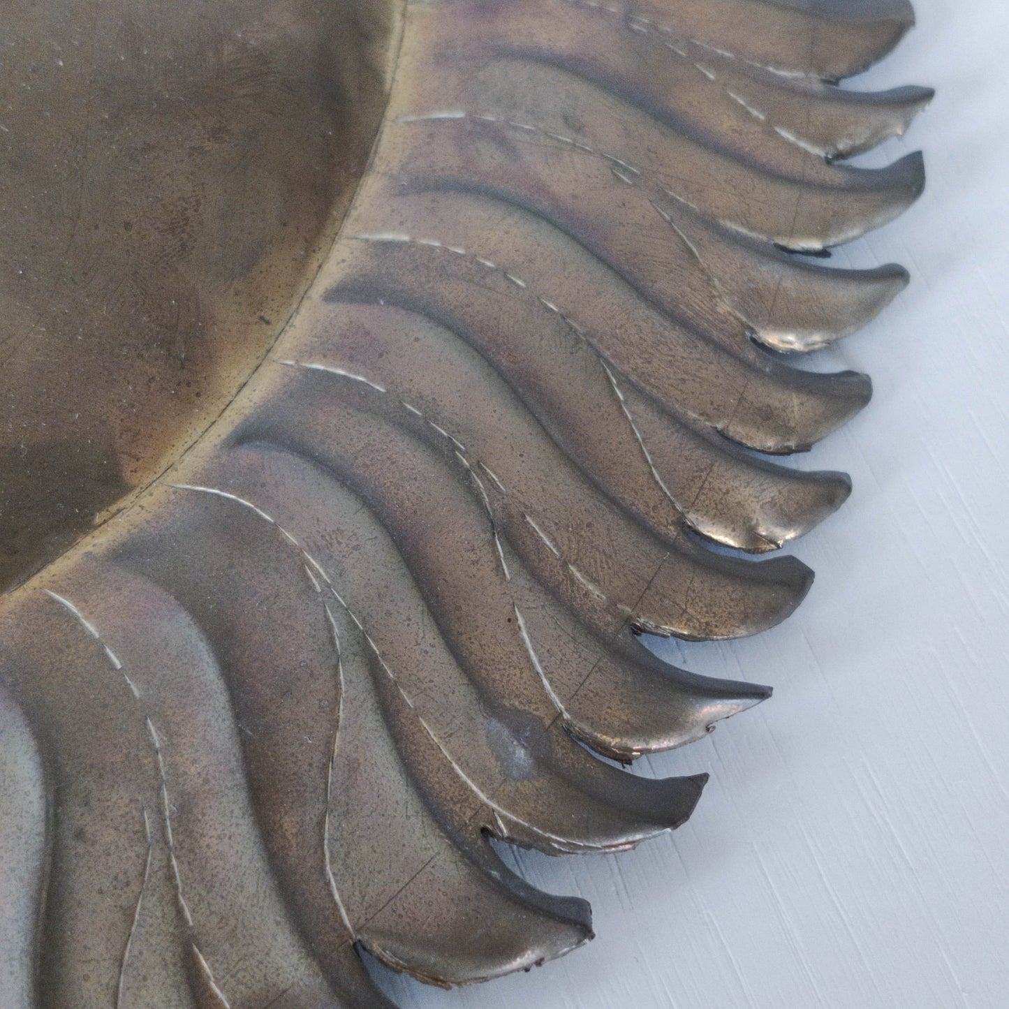 Vintage 1970s sun face sunburst brass wall plaque relief repousee inscribed