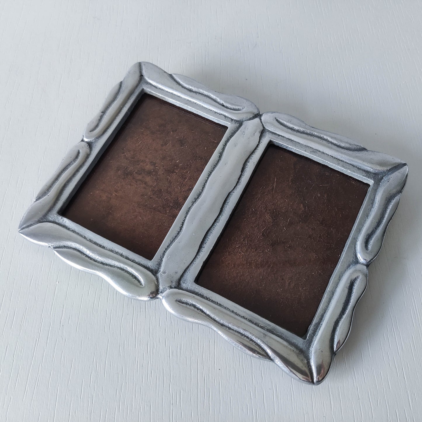 Vintage 1990s cast aluminium organic modernist form double picture photo frame