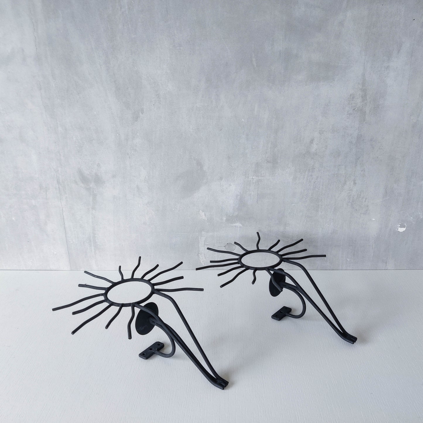 Pair of vintage black welded steel sun candle wall sconces Andre Dubreuil style