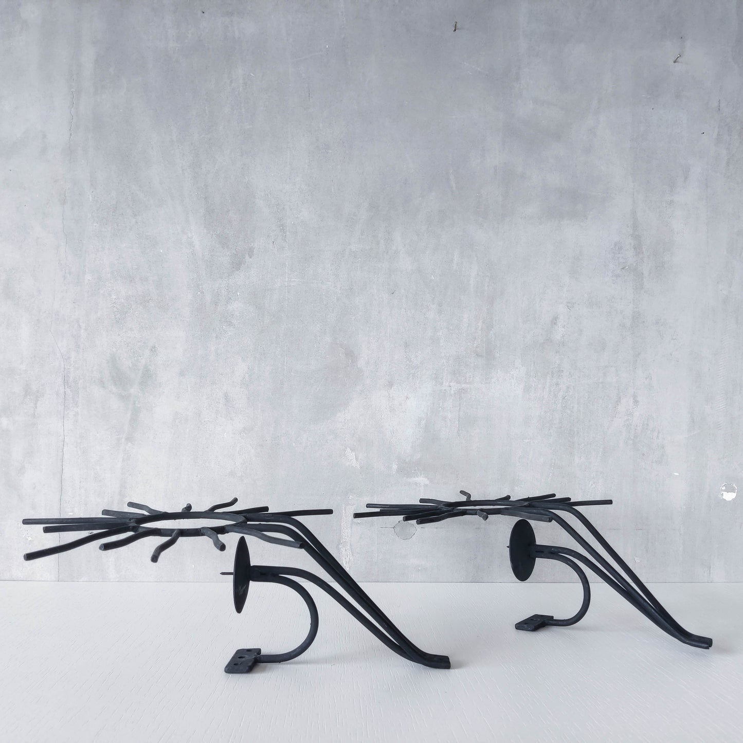 Pair of vintage black welded steel sun candle wall sconces Andre Dubreuil style