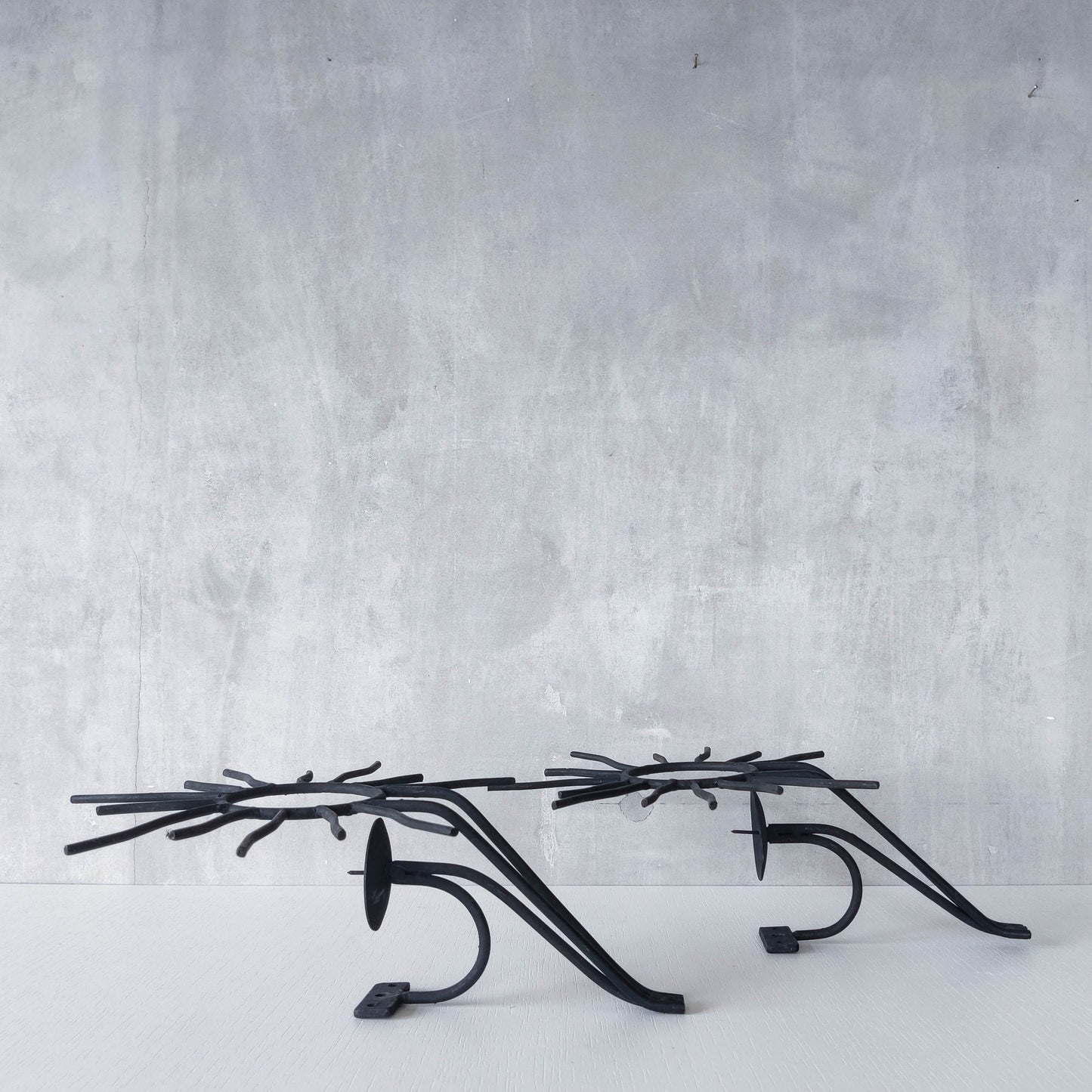 Pair of vintage black welded steel sun candle wall sconces Andre Dubreuil style