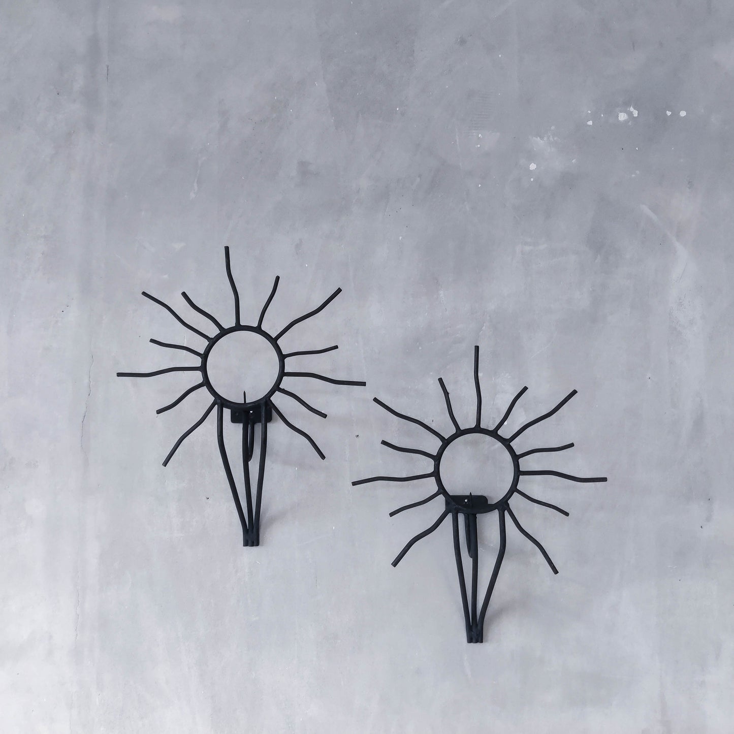 Pair of vintage black welded steel sun candle wall sconces Andre Dubreuil style