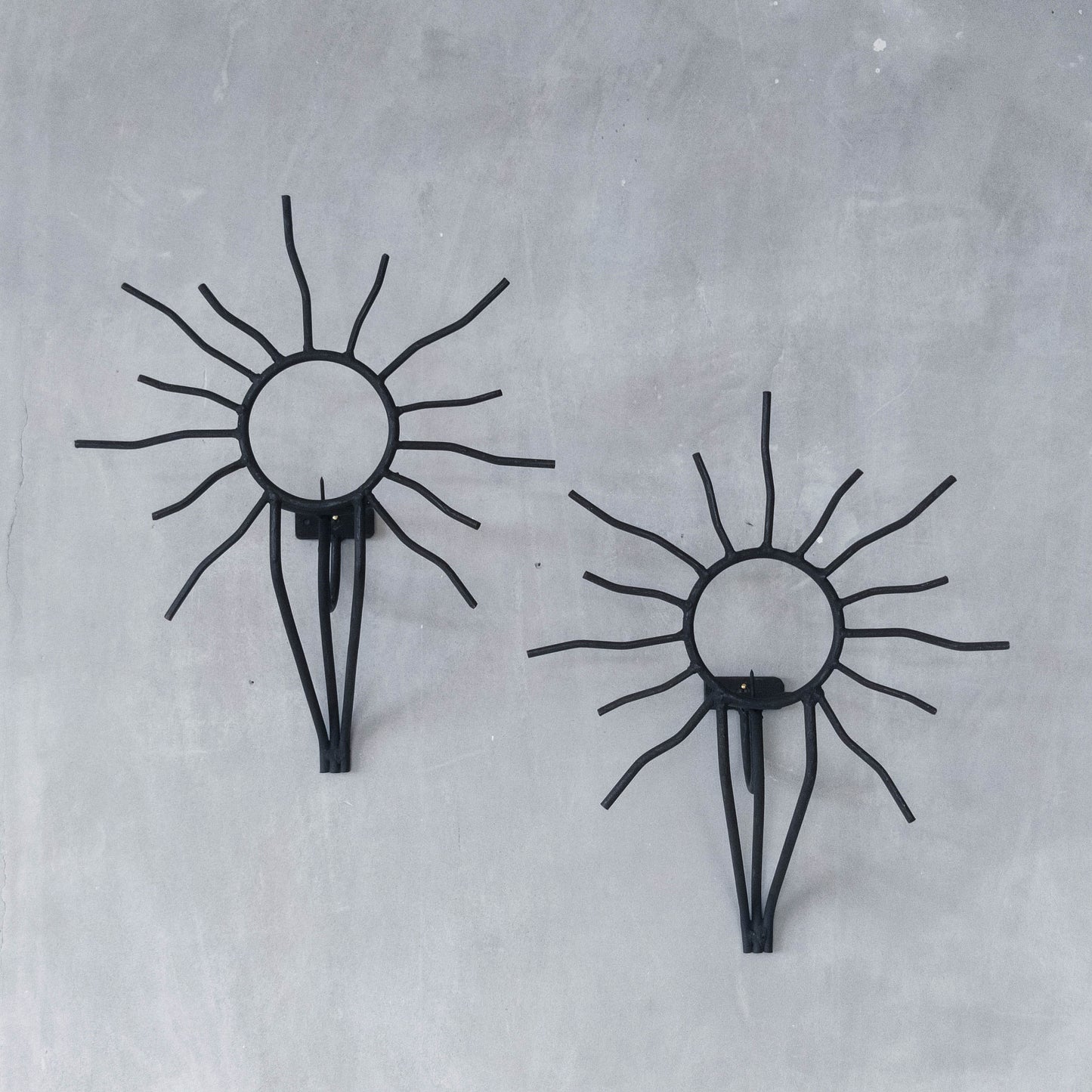 Pair of vintage black welded steel sun candle wall sconces Andre Dubreuil style