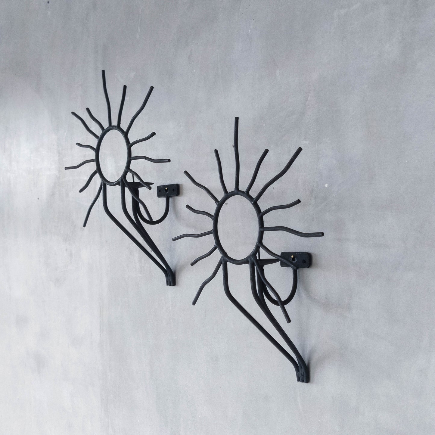 Pair of vintage black welded steel sun candle wall sconces Andre Dubreuil style