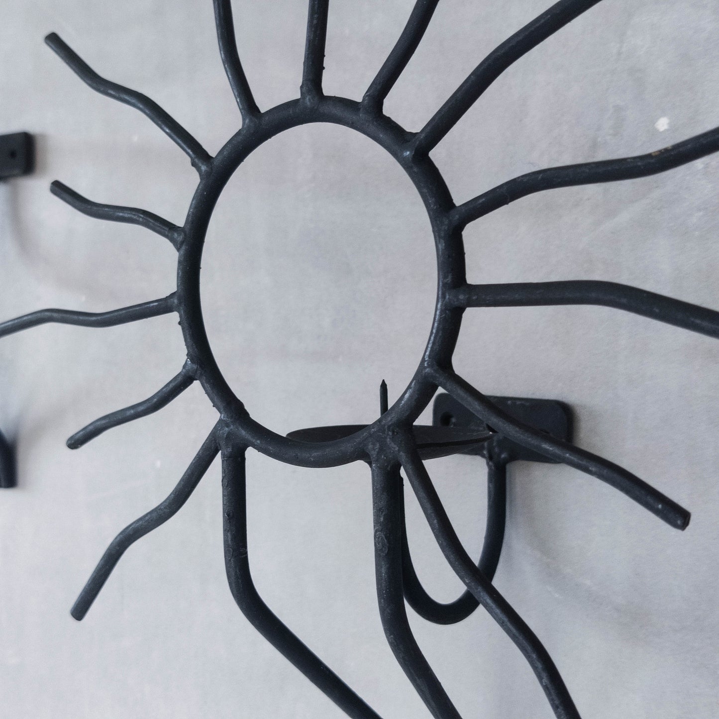 Pair of vintage black welded steel sun candle wall sconces Andre Dubreuil style