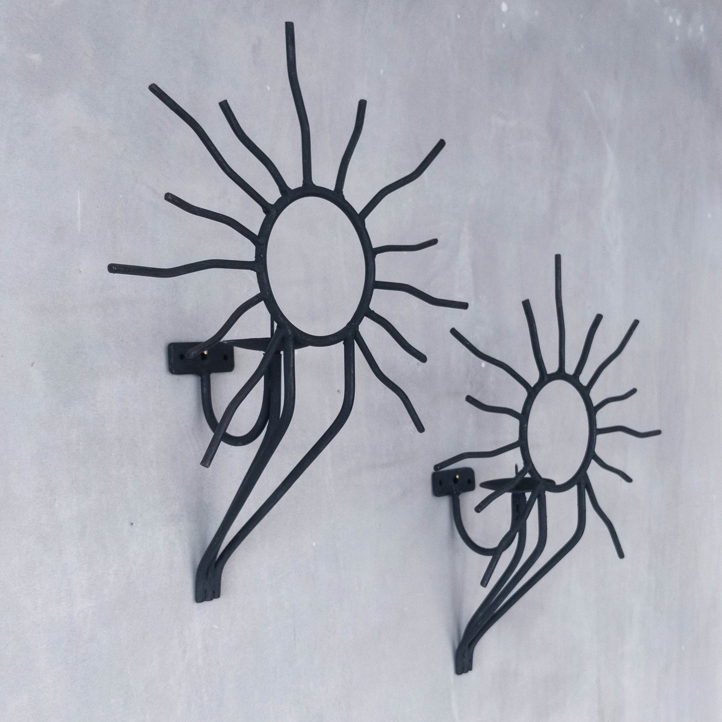 Pair of vintage black welded steel sun candle wall sconces Andre Dubreuil style