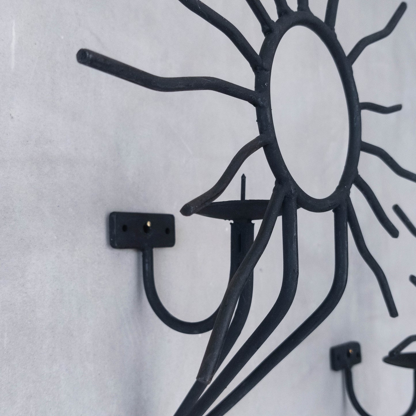 Pair of vintage black welded steel sun candle wall sconces Andre Dubreuil style
