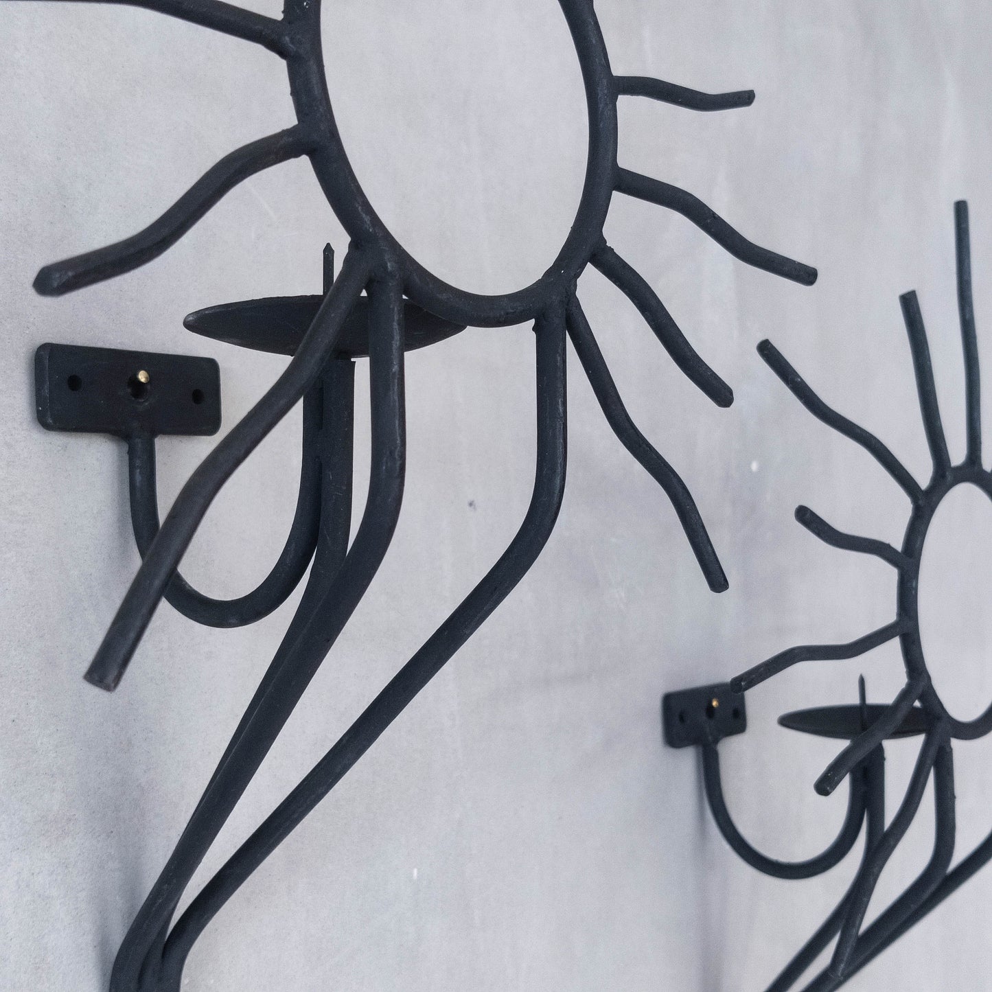 Pair of vintage black welded steel sun candle wall sconces Andre Dubreuil style