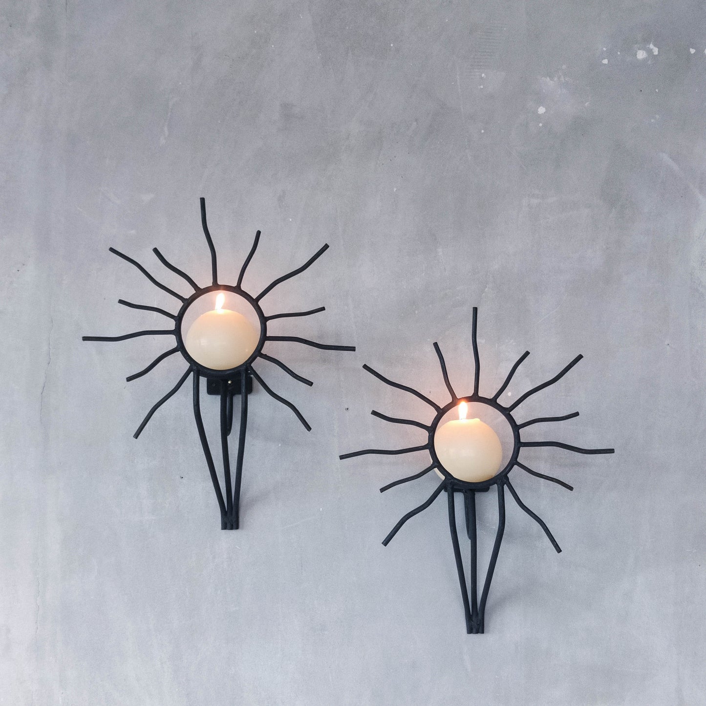 Pair of vintage black welded steel sun candle wall sconces Andre Dubreuil style