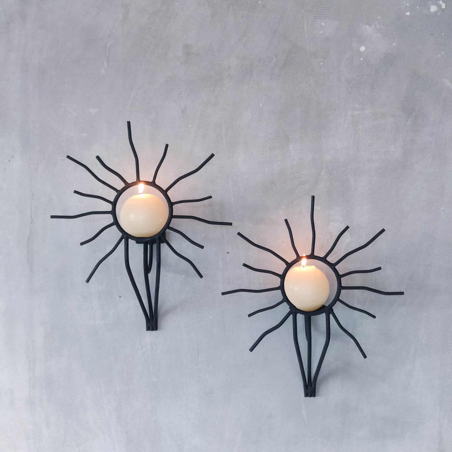 Pair of vintage black welded steel sun candle wall sconces Andre Dubreuil style