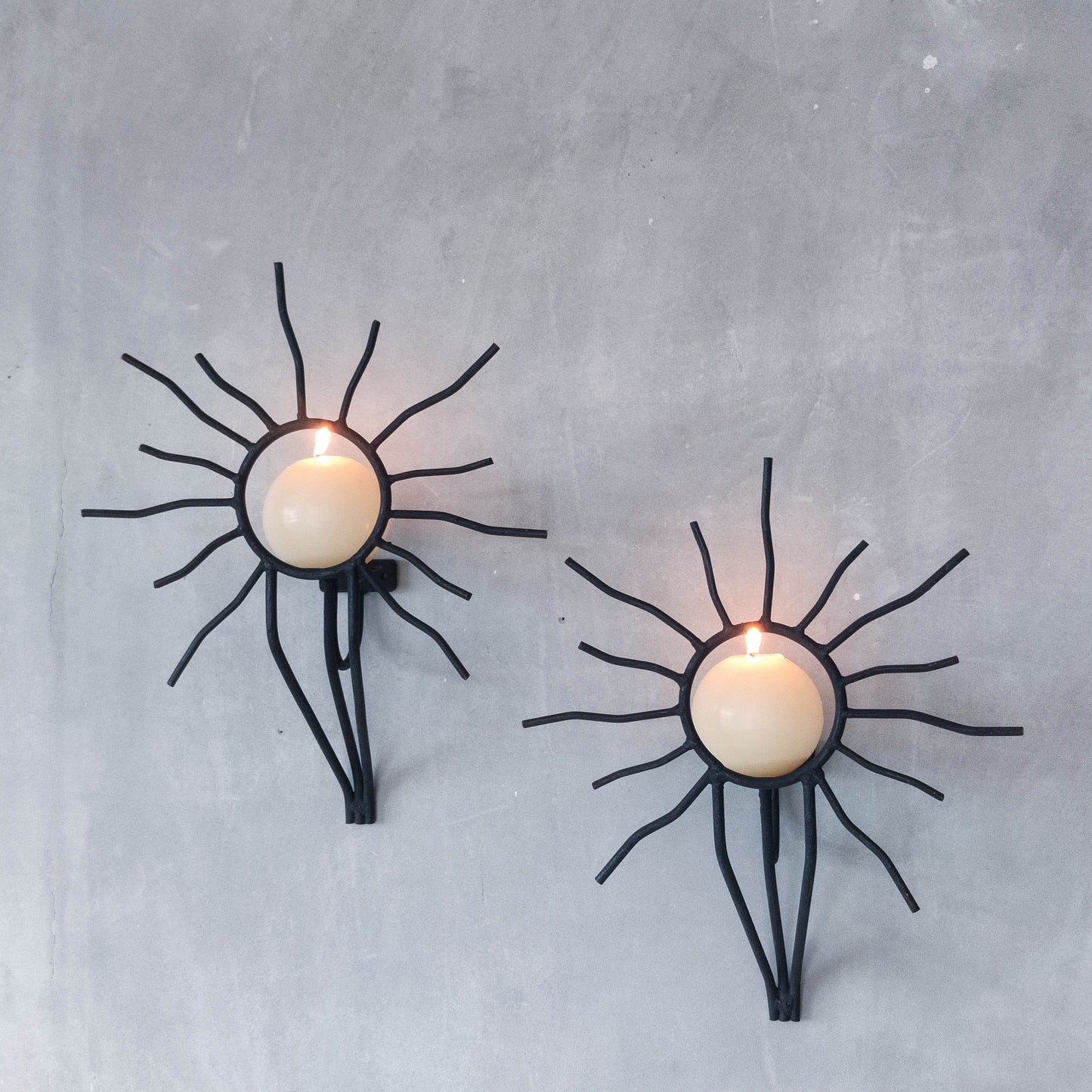 Pair of vintage black welded steel sun candle wall sconces Andre Dubreuil style